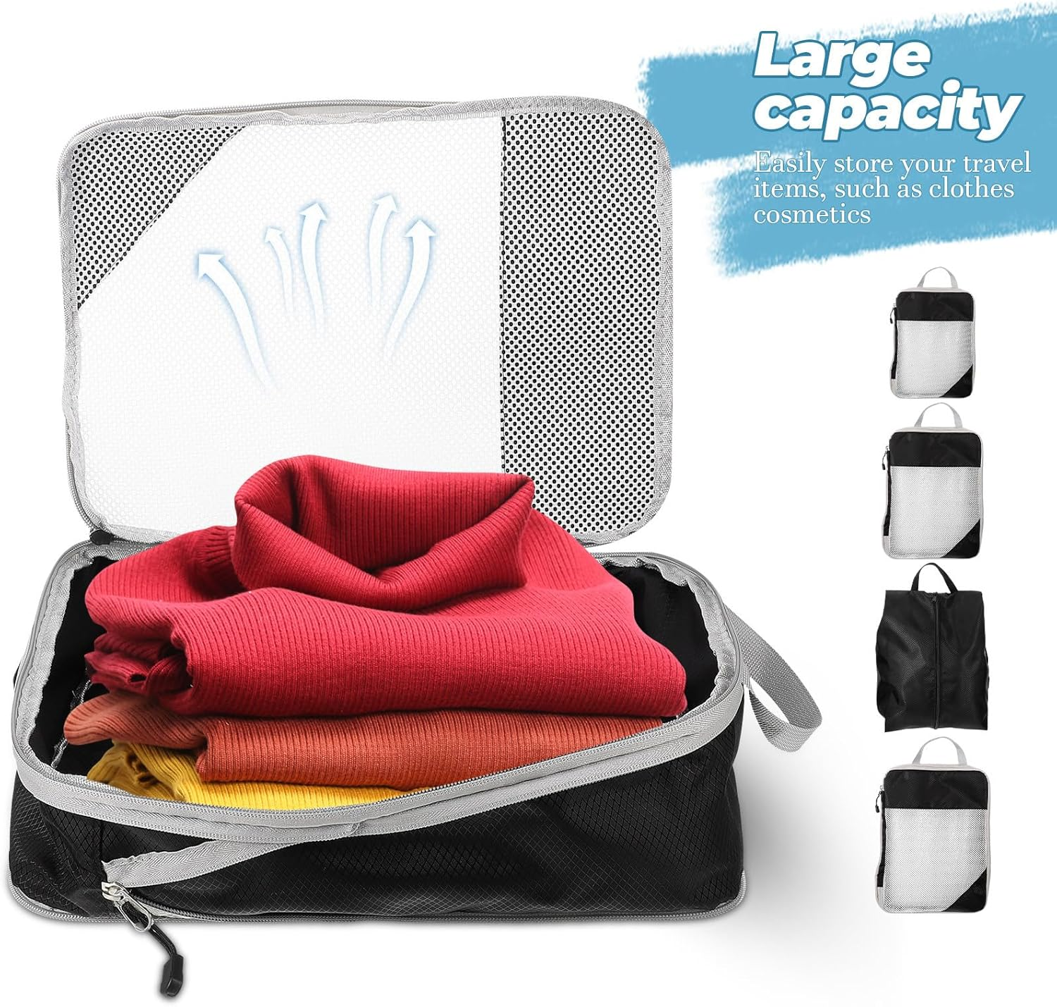 TEHAUX 4Pcs Travel Compression Packing Cubes Set with Mesh Panel, Black Lightweight Suitcase Organizer Bags for Clothes Storage and Luggage Packing image number 3