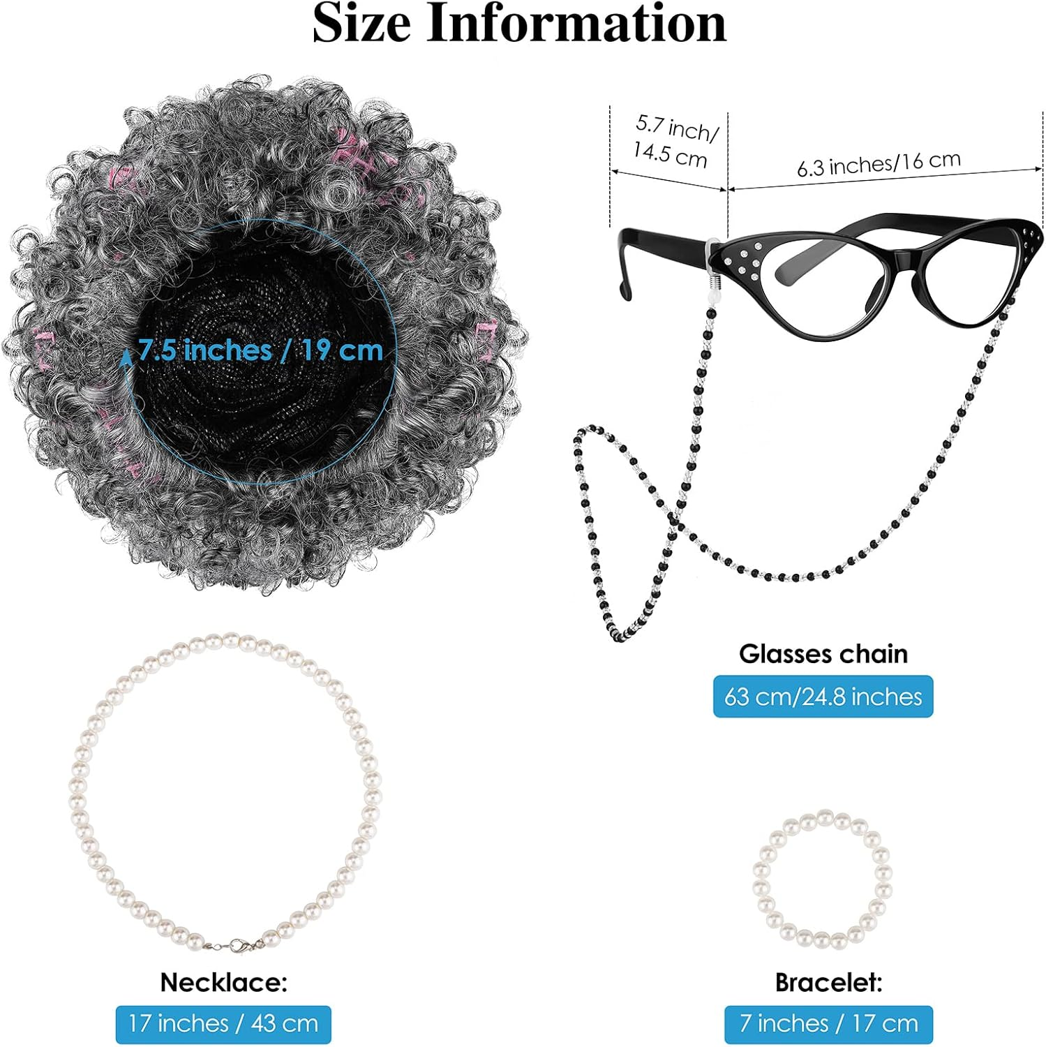 ADXCO 6 Pieces 100 Days of School Old Lady Wig Party Costume Cosplay Set Cane Curling Irons Cat Eye Glasses Necklace Bracelet Light Gray