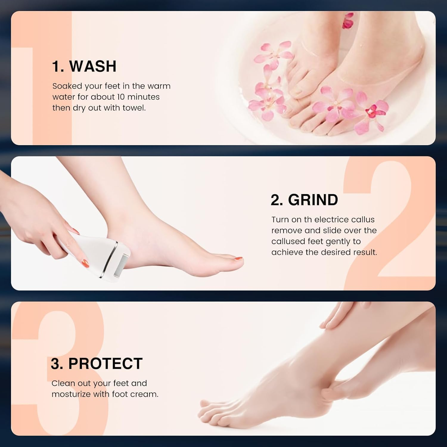 Electric Foot Callus Remover, Rechargeable Portable Electronic Foot File Pedicure Kits, 3 Roller Heads, 3 Speed, Battery Display for Remove Cracked Heels Calluses and Dead Skin Ideal Gift image number 3