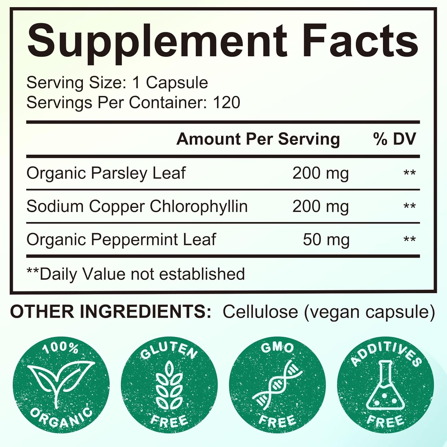 Body Deodorizing Supplement 120 Capsules | with Chlorophyll, Parsley & Peppermint | Helps Maintain Natural Freshness & Odour Balance | 100% Natural Formula | 4 Month Supply image number 2