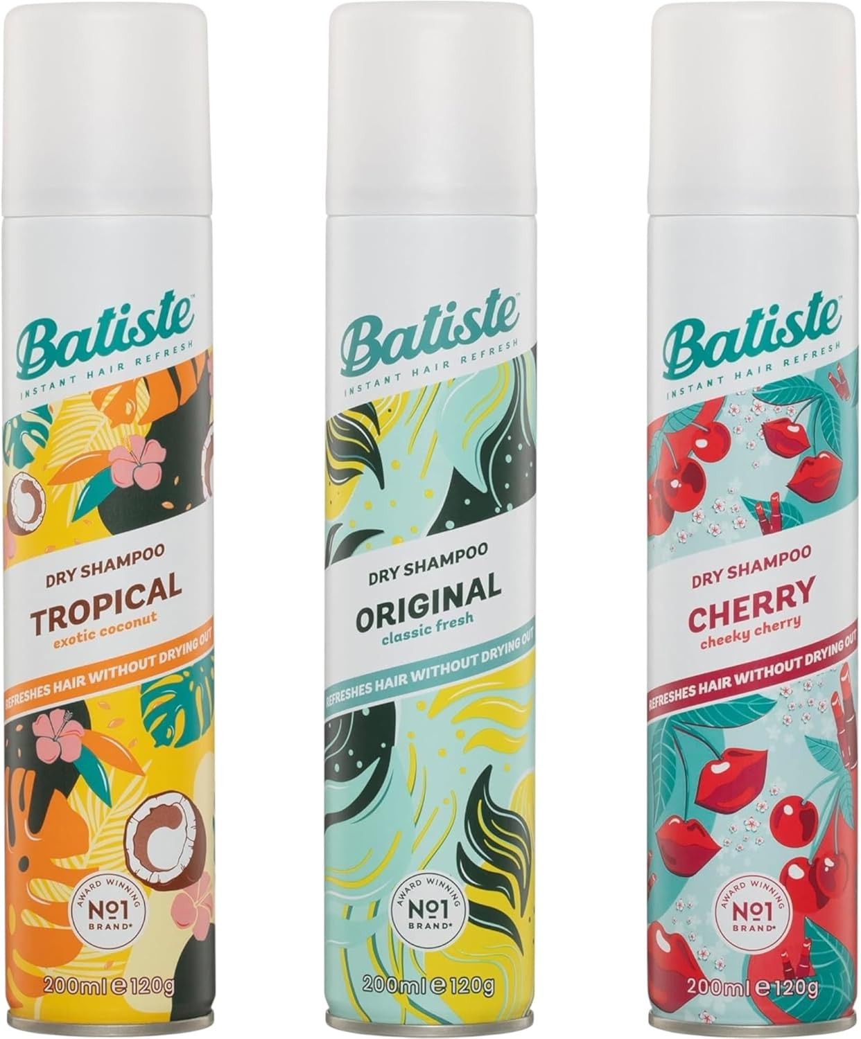 Batiste Dry Shampoo 200Ml Bundle - Tropical, Original & Cherry - Instantly Refreshes Hair, Adds Volume & Lift, Absorbs Oil, Non-Drying, for Quick Use on Straight, Curly & Wavy Locks
