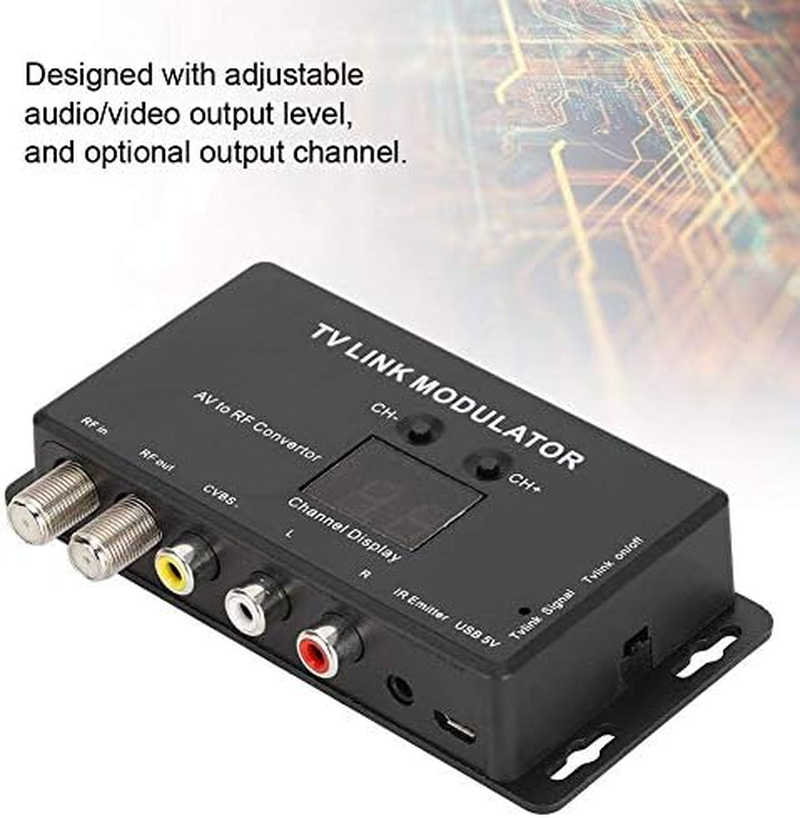 RF Modulator, UHF TV Link Modulator IR Extender AV to RF Converter Channel Display Adjustable Audio and Video image number 3