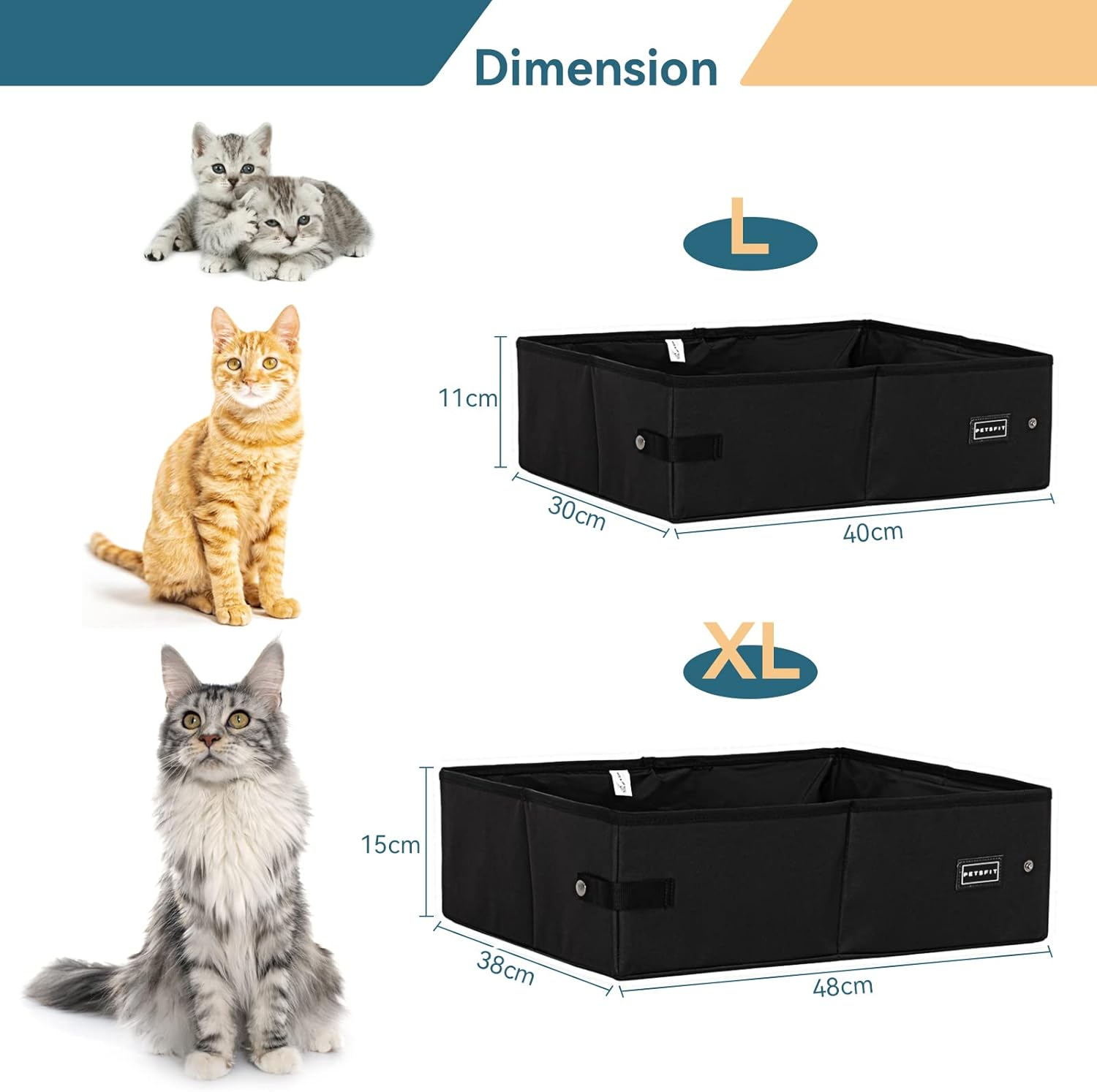 PETSFIT Cat Litter Box Large,Outdoor Cat Litter Box Waterproof Bottom, Zipped Travel Kitten Toilet, Standard Portable Collapsible Litter Carrier for Cats, Leak-Proof, Lightweight Black, 48 X 38X 15Cm image number 1