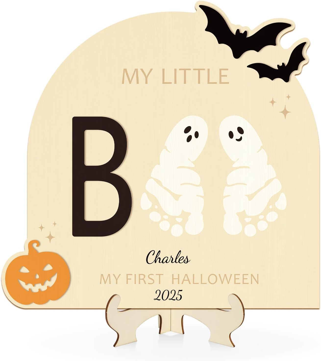 Sereliy Baby'S First Halloween DIY Footprint Art Card, Wooden Little Boo Sign Keepsake Ornaments for Baby Shower Newborn Photoshoot Prop (Boo) image number 3