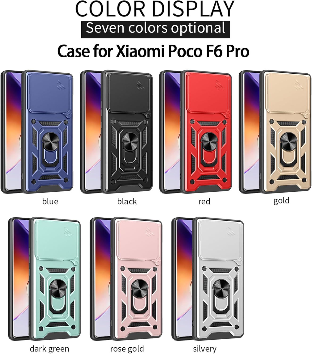 ESTH&reg; Case for Xiaomi Poco F6 Pro 5G with Slide Camera Cover [Camera Protection] [Ring Stand] [Case Compatible with Magnetic Car Mount] Shockproof Mobile Phone Case, Blue - Black image number 7
