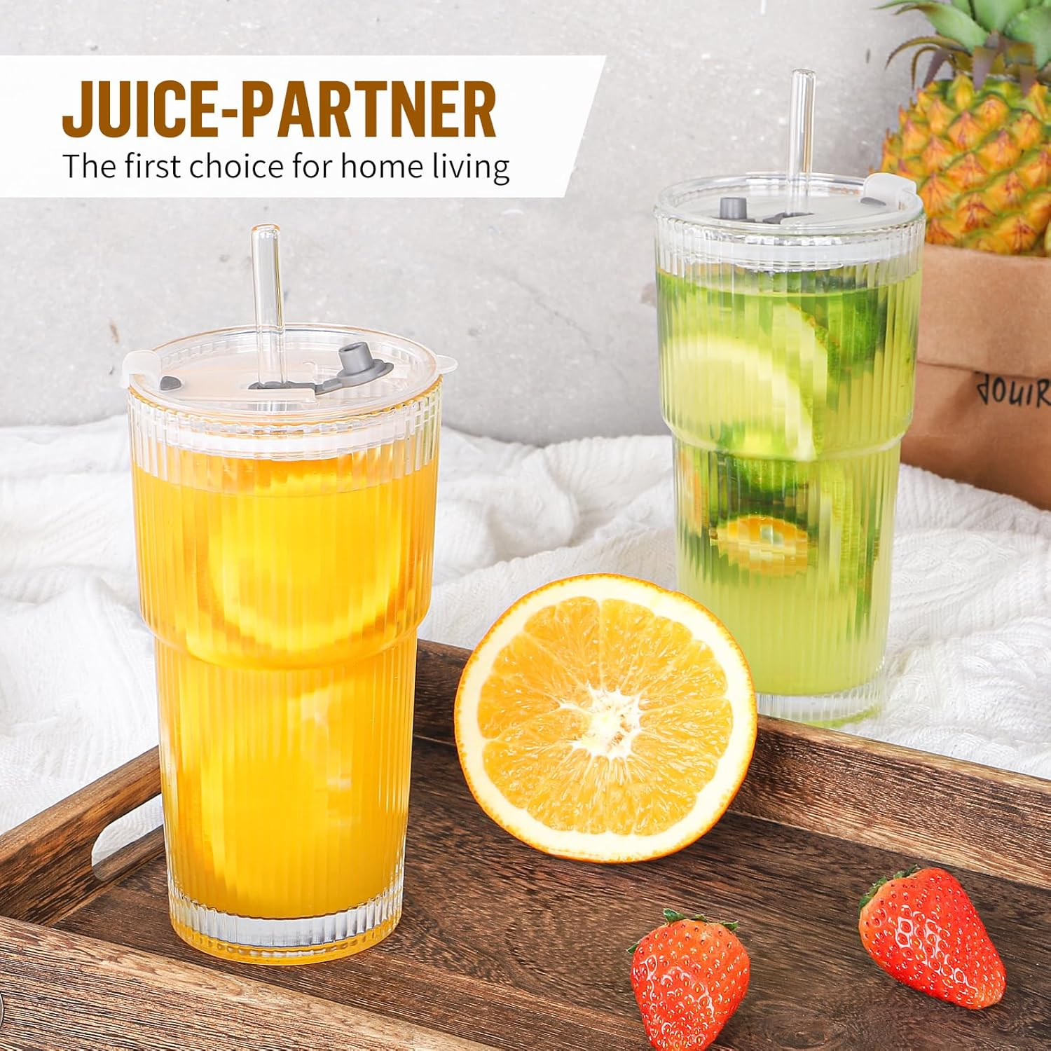 20 Oz Ribbed Glass Cup with Lid and Straw, Glass Tumbler with Straw and Lid, Vintage Glassware for Whiskey Cocktail Beer, Iced Coffee Cups with Lid (1 Pack) - 2 Glasses + 2 Straws + 2 Lids image number 3