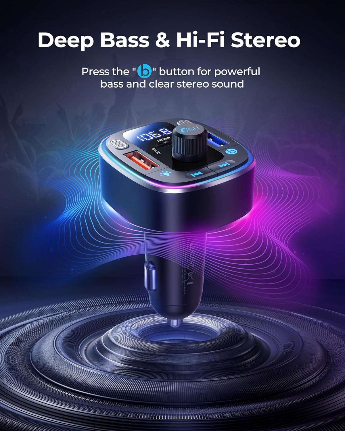 LENCENT Bluetooth 5.4 Car Adapter FM Transmitter 54W Fast Charging (PD 30W & QC18W), Dual Mics, Hifi Bass, 2 Modes LED Backlit, Cigarette Lighter Adapter Hands-Free Calling Radio, Support USB Drive