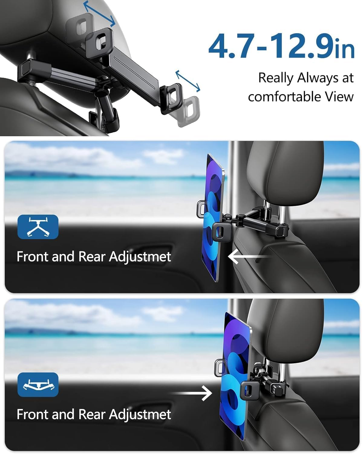 Car Headrest Backseat Mount,Phone/Tablet Car Holder,360&deg;Rotation,Solid & Steady,Car Trip Essentials,Adjustable Back Seat Tablet Holder,Compatible for All 5"-10" Tablets,Ipad,Cellphones,