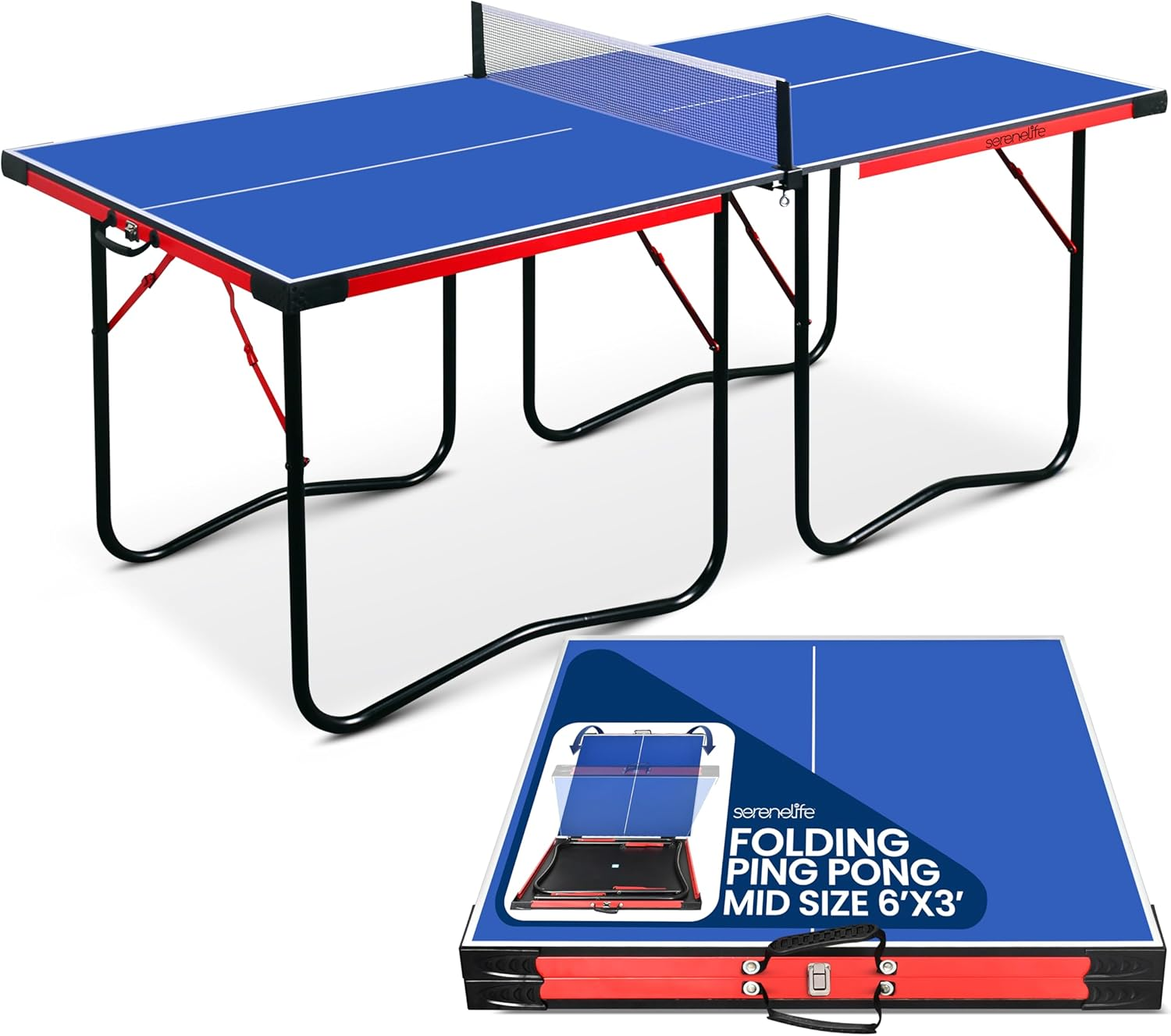 Serenelife Midsize Portable Ping Pong Table Set with Net, Clipper, Post - 6&rsquo; X 3&rsquo; Foldable Space-Saving Design, Blue