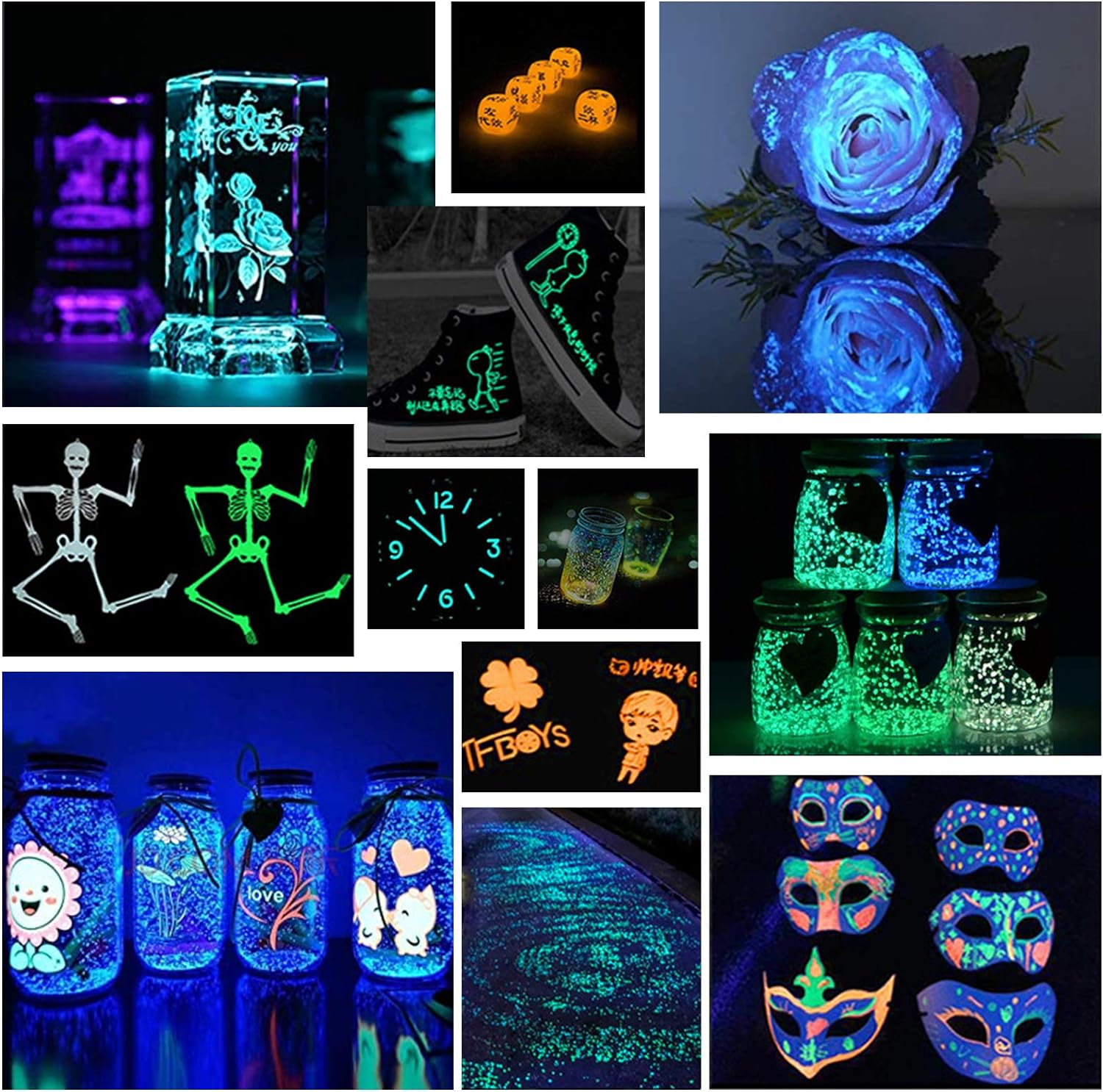 Glow in the Dark Powder 6 Colors - 120G Set 20 G/0.7Oz Each with FREE UV Light | for Halloween, Nail Polish, Crafts, Slime, Epoxy Resin | Bright Luminous for Hours Pigment Safe for Skin & Crafts image number 1