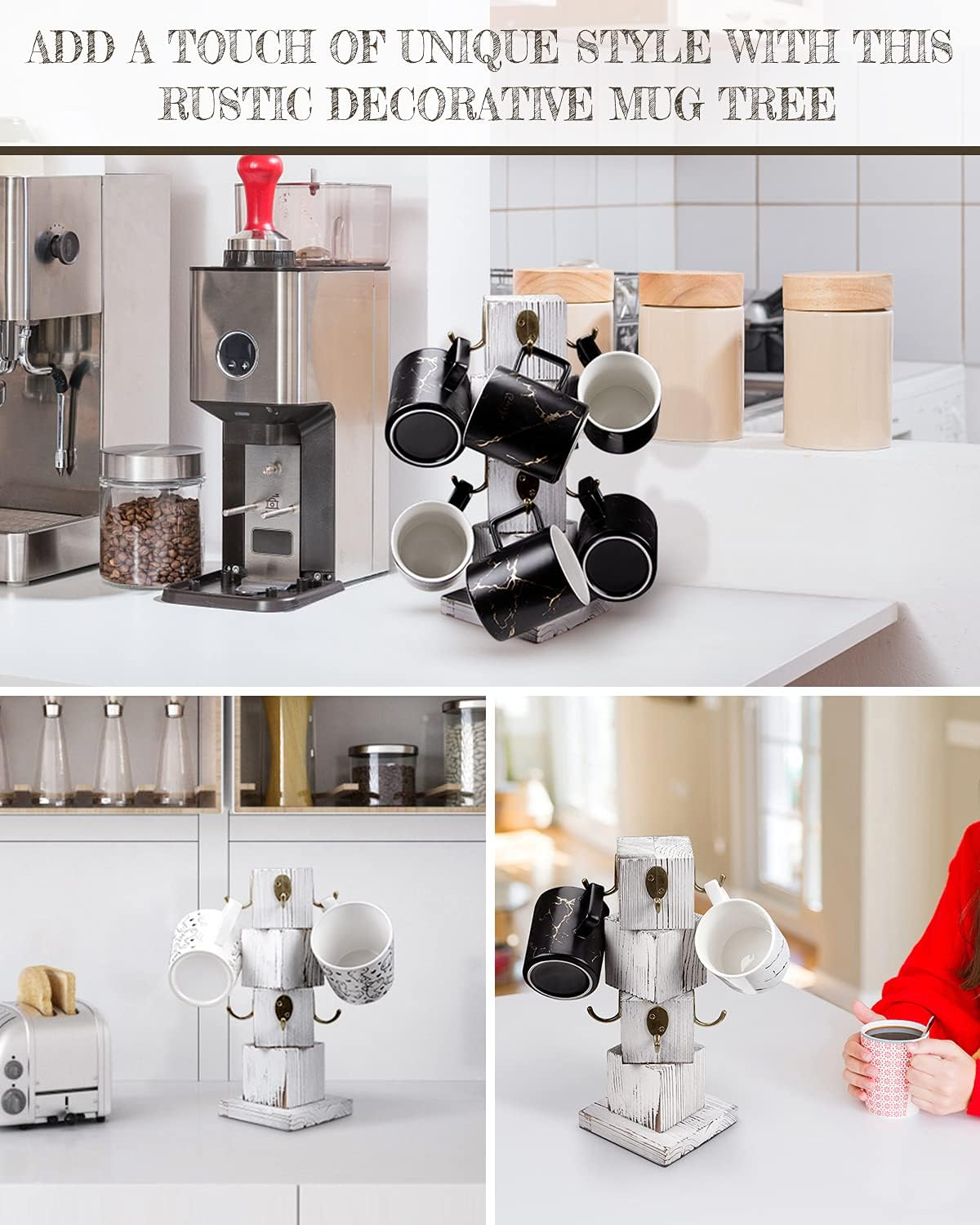 PUERSI Coffee Mug Holder for Counter, Rustic Solid Wood Mug Tree, Farmhouse Wooden Coffee Cup Rack, Distressed Mug Stand with 8 Hooks (Farmhouse White) image number 3