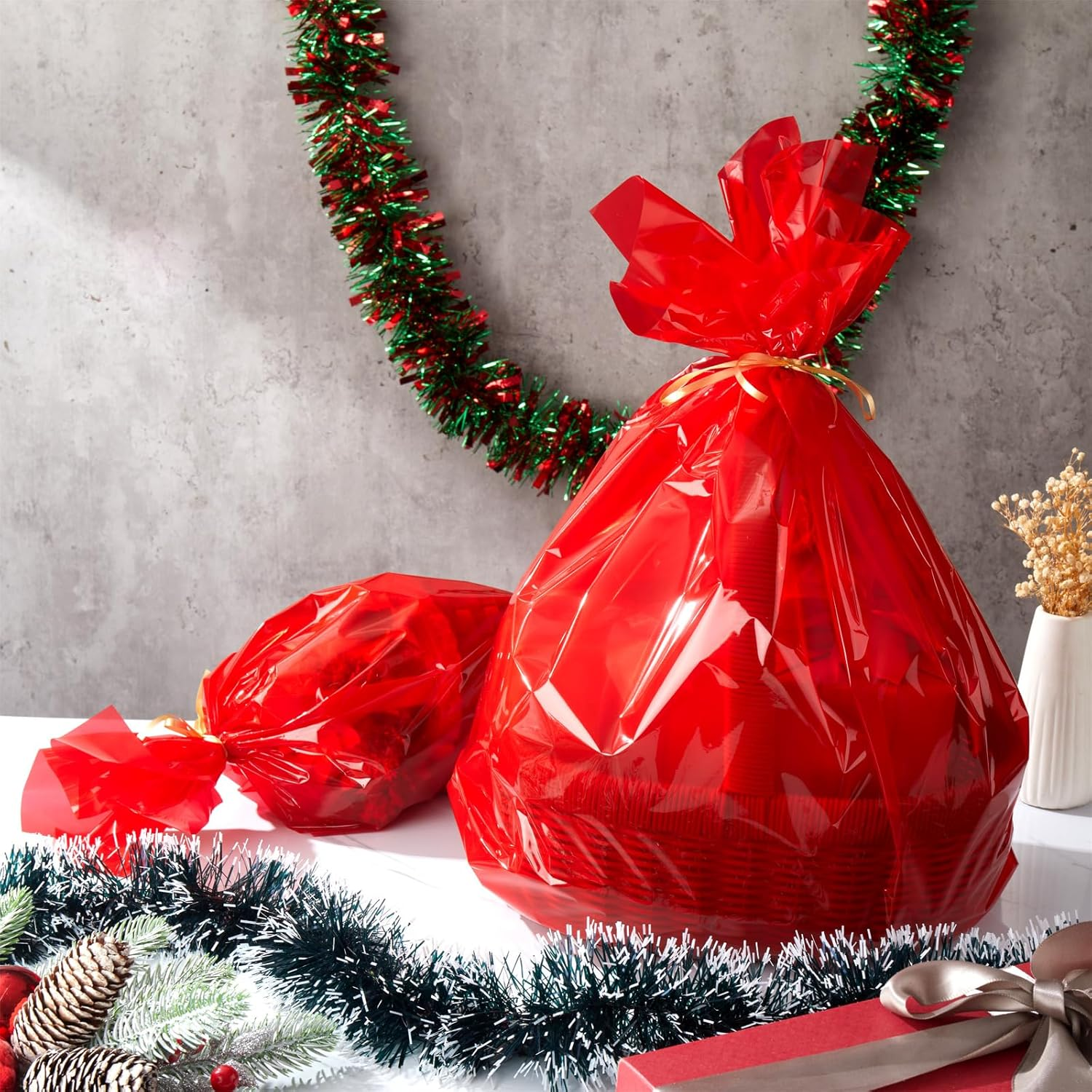 Tigeen Clear Cellophane Wrap Roll with 6 Rolls Ribbons, 16'' X 100 Ft 2.3 Mil Translucent Thick Cellophane Paper for Candy Baskets Packaging for Birthday Party Gifts(Red) image number 1