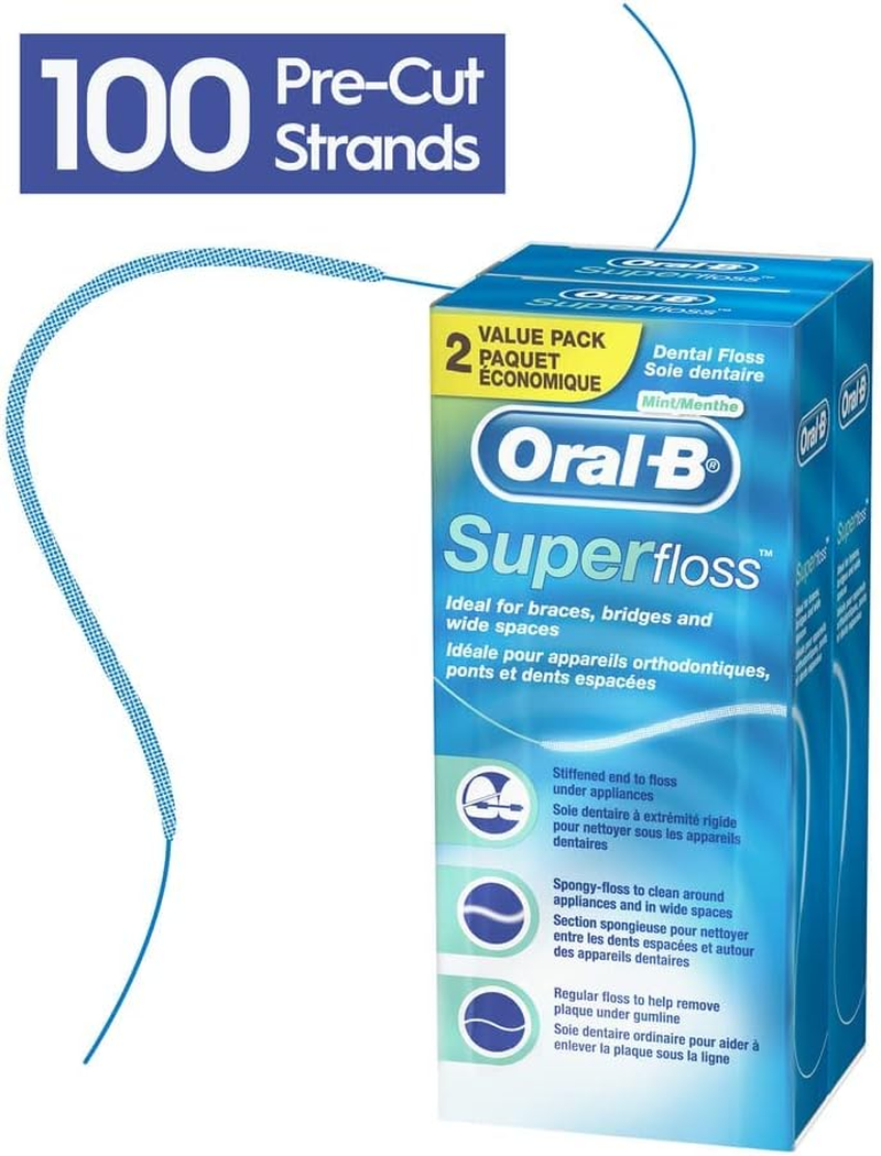 Oral-B Dental Floss for Braces, Super Floss Pre-Cut Strands, Mint, 50 Count, Pack of 2 image number 5