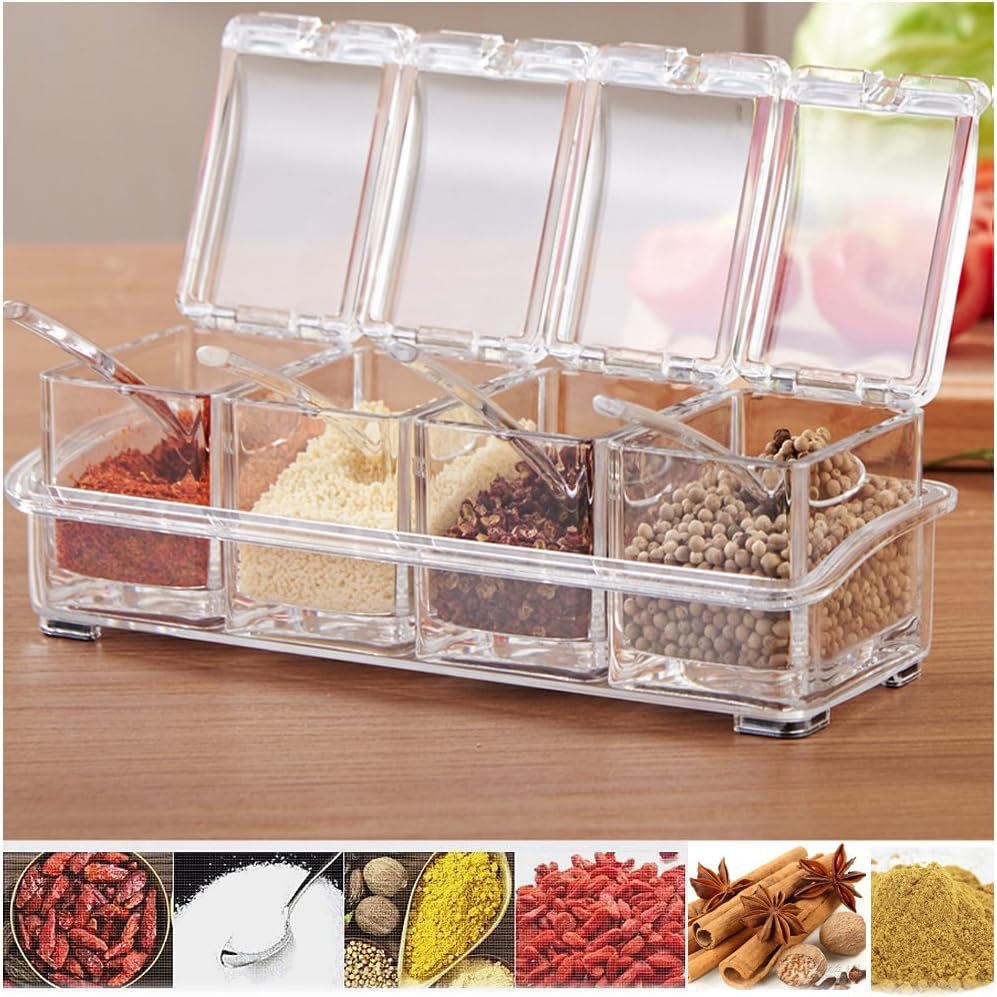 Clear Seasoning Box,4 Pieces Clear Seasoning Storage Container for Spice Salt Sugar Cruet,Condiment Jars with Spoons
