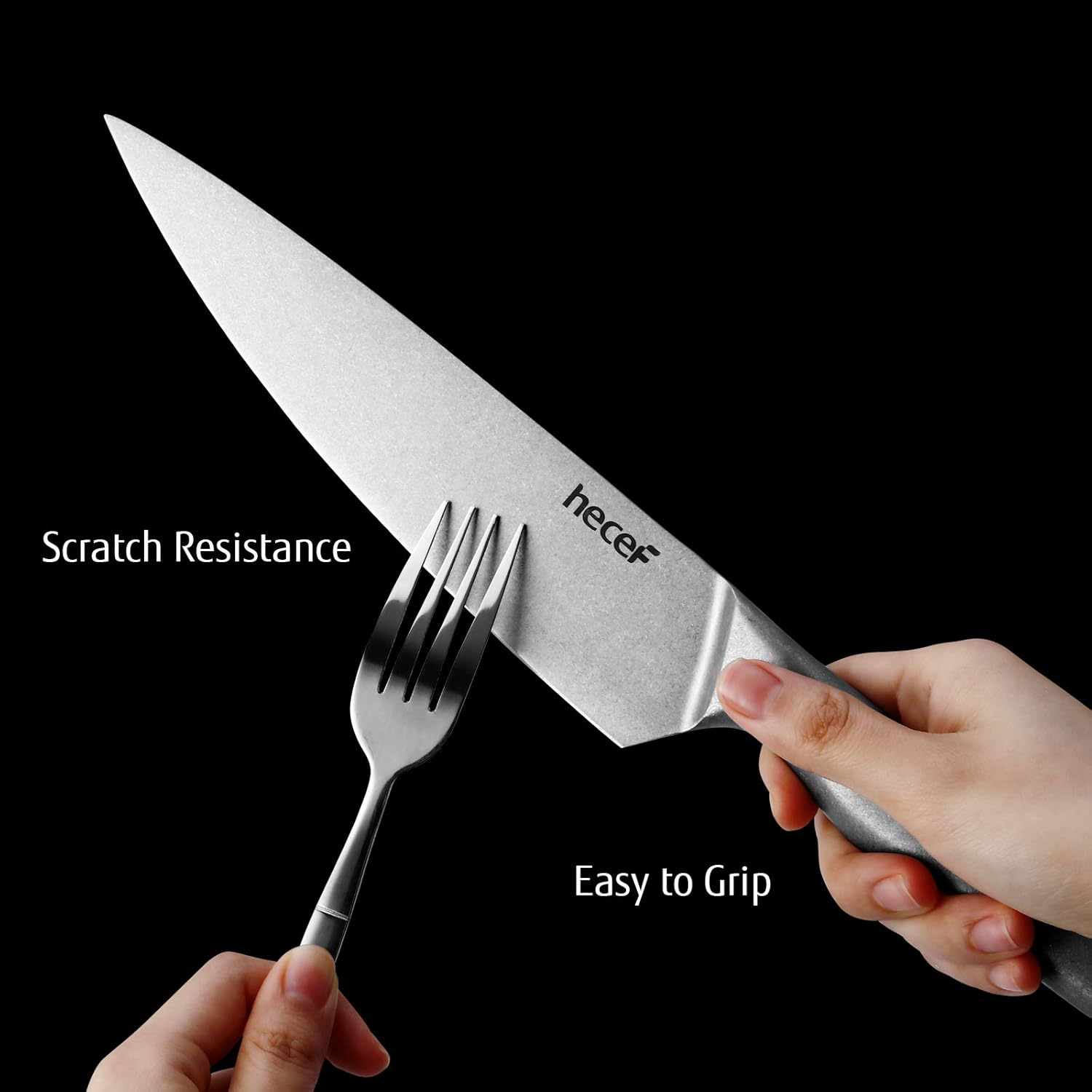 Hecef Vintage Style Kitchen Knife Sets,Scratch Resistant Camping Matte Knives with 5 Slots Recycled Oxford Cloth Knife Roll Bag & Covers,Stonewashed High Carbon Stainless Steel Blades & Hollow Handle image number 1