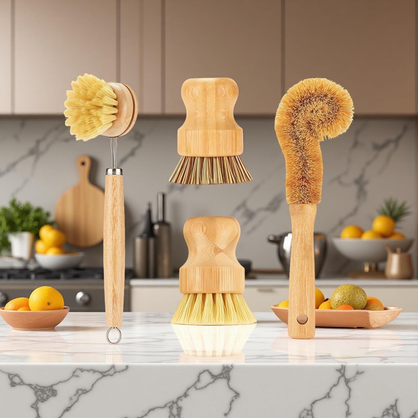 Bamboo Dish Brushes Sets 4 Tools in One Kitchen Clean Dish Scrubber for Pots Pans Bottles with Natural Bristles (Bamboo Brushes Sets) image number 3