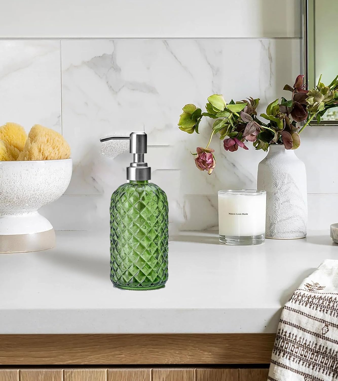 AXIM Glass Soap Dispenser with Stainless Steel Pump,400Ml Refillable Lotion Soap Bottle, Dish Soap Dispenser, Hand Soap Dispenser, Home Decoration (2 Pc/Green) image number 1