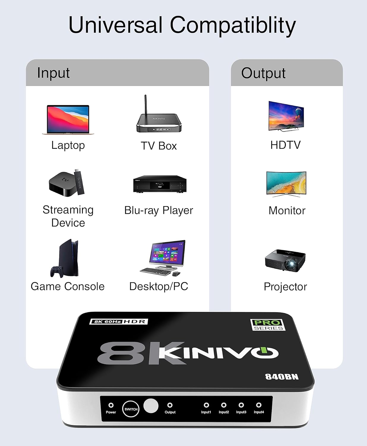 Kinivo 8K HDMI Switch with Remote 4 in 1 Out (4 Port, 8K 60Hz, 4K 120Hz HDMI Switcher, 48Gbps, HDR 10+, Dolby Atmos, HDCP 2.3) - HDMI 2.1 Switch Box Compatible with HDTV, PS5, PS4, Xbox, Apple TV image number 3