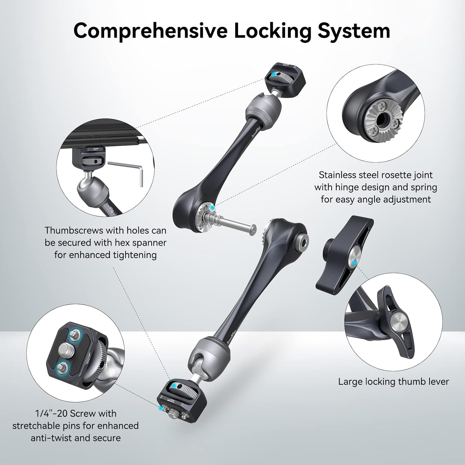 Smallrig Rosette Magic Arm 11 Inch with Ball Head, 1/4"-20 Screws, and Anti-Twist Pins, for Ipads/Monitors/Led Lights/Smartphones/Action Cameras, Max Load Cpacity 3Kg - 3959 image number 4
