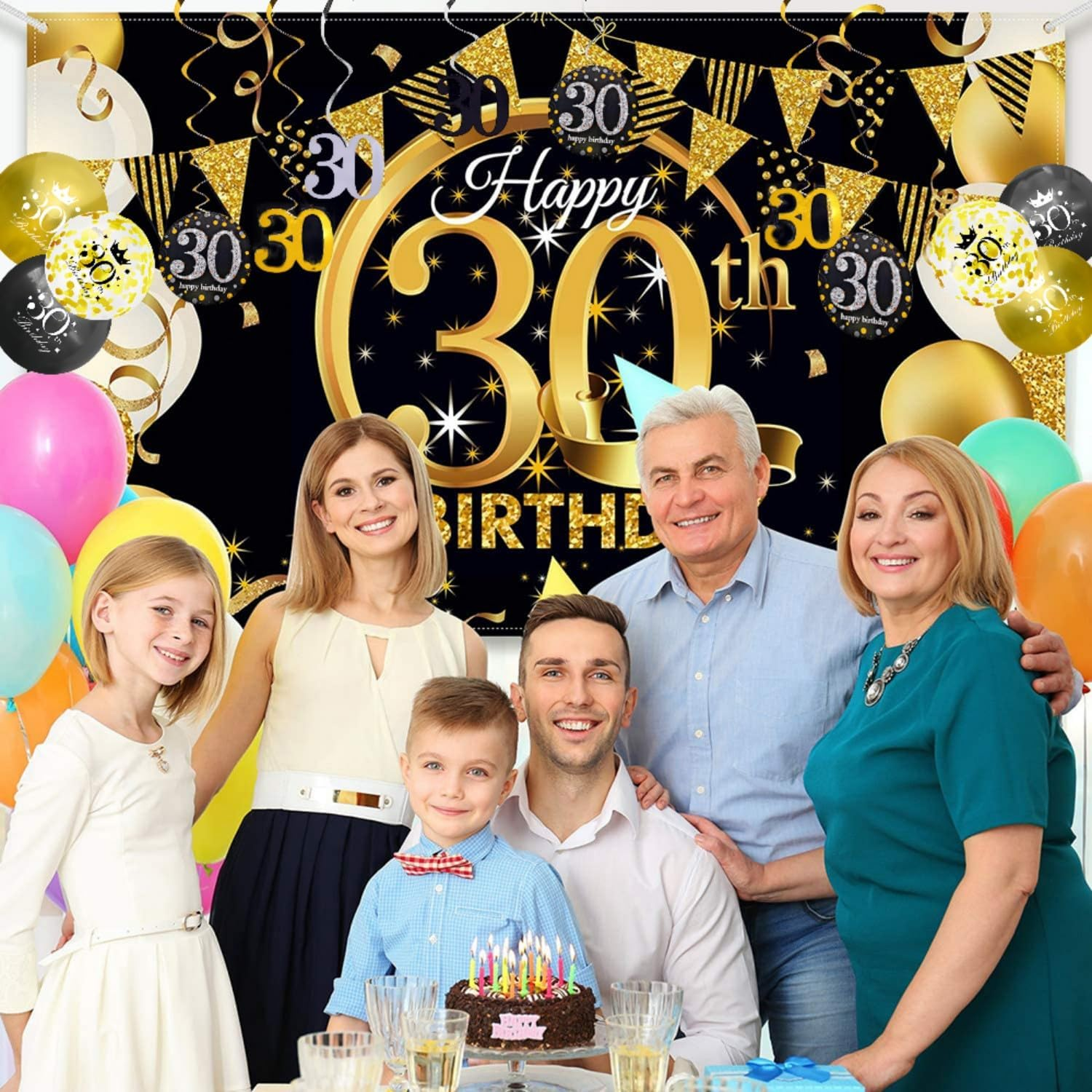 Happy Birthday Party Decorations Kit - Black Gold Glittery Backdrop Banner, Balloon, Hanging Swirls for Men Women (30Th) image number 4