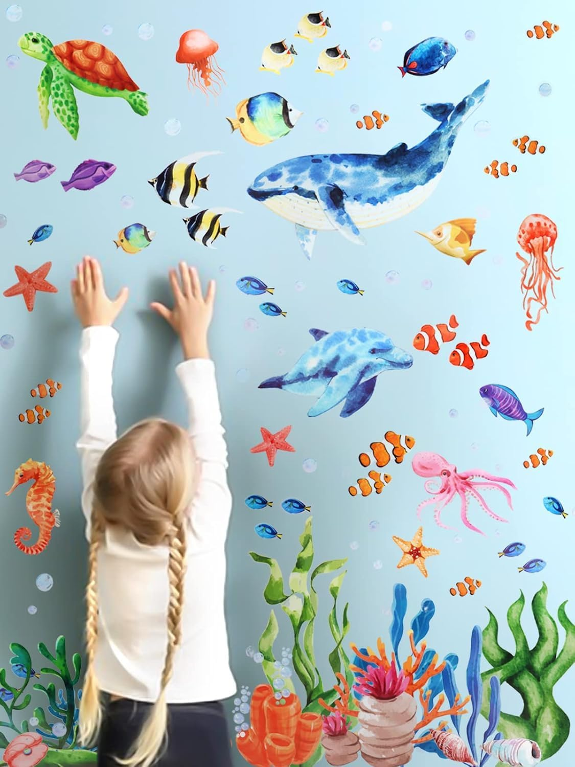 Kalolary under the Sea Wall Decals Sea Turtle Whale Dolphin Starfish Wall Stickers 3D Coral Reef Ocean Grass Bubbles Wall Decals Wall Decoration for Wall Corner Nursery Room Children Bedroom Bathroom image number 6