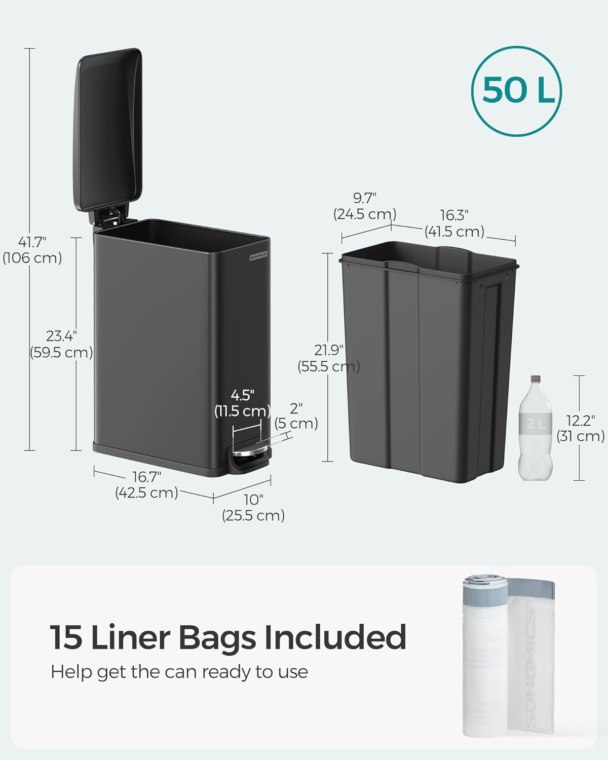SONGMICS Kitchen Bin 48L, Slim Pedal Bin for Narrow Spaces, Rubbish and Waste Bin with Soft-Close Lid and Inner Bucket, Steel, 15 Rubbish Bags Included, Black LTB510B4802 image number 3