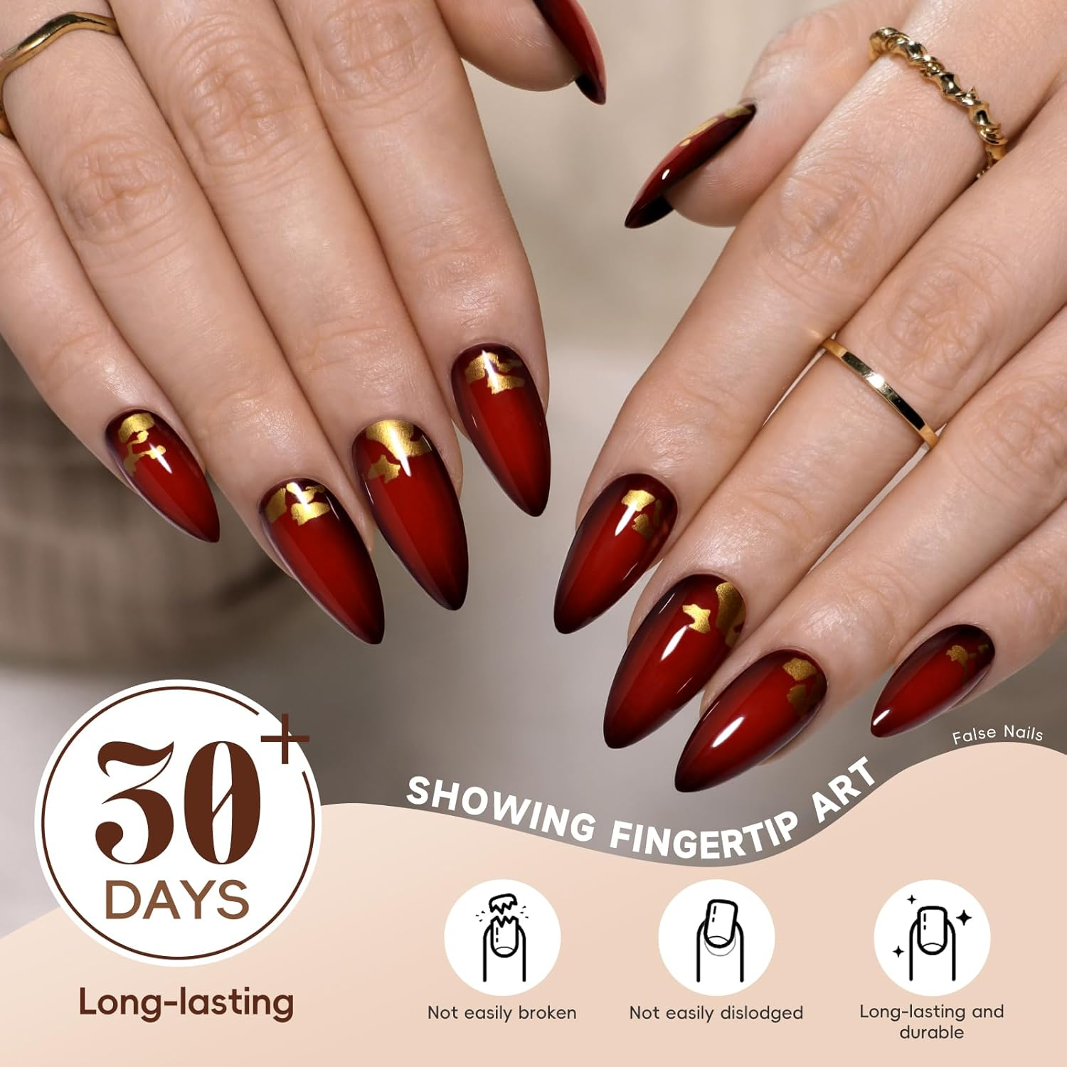 Noerrors 24Pcs Black Red Gold Foil Short Almond False Nails Stick on Gothic Color Gradient Vampire Golden Sequins Acrylic False Nails with Glue image number 2
