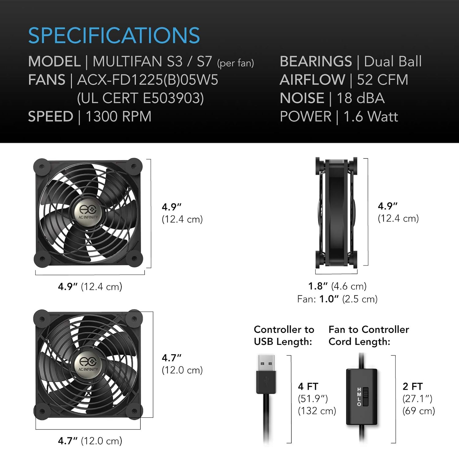 AC Infinity MULTIFAN S7, Quiet Dual 120Mm USB Fan, Ul-Certified for Receiver DVR Playstation Xbox Computer Cabinet Cooling image number 1