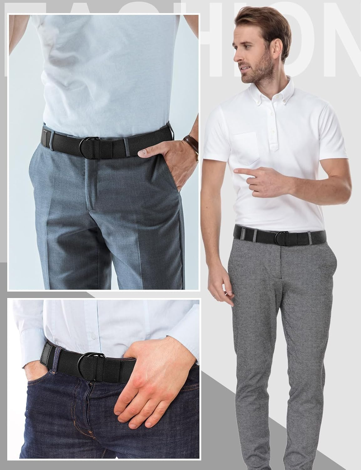 LXMY Belts for Men,Canvas Belt Men,Mens Adjustable Fabric Belt,Black Double D Ring Belt,Holeless Belt Suitable for Leisure and Travel