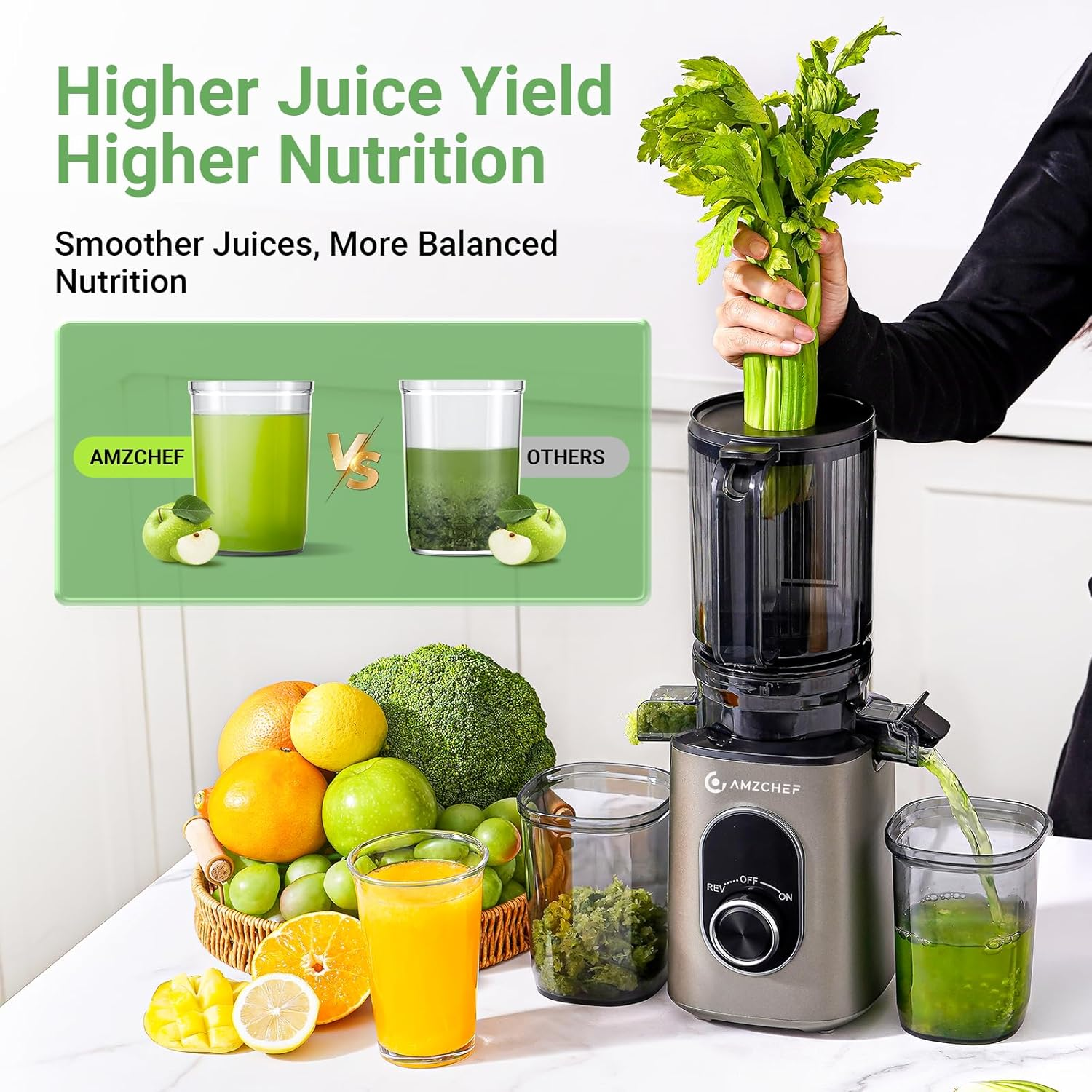 AMZCHEF Cold Press Slow Juicer with 1.5L and 110Mm Feeding Chute for Whole Fruits and Vegetables, Masticating Juicer Machine with High Juice Yield and Reverse Function, Easy to Clean, Bpa-Free image number 5
