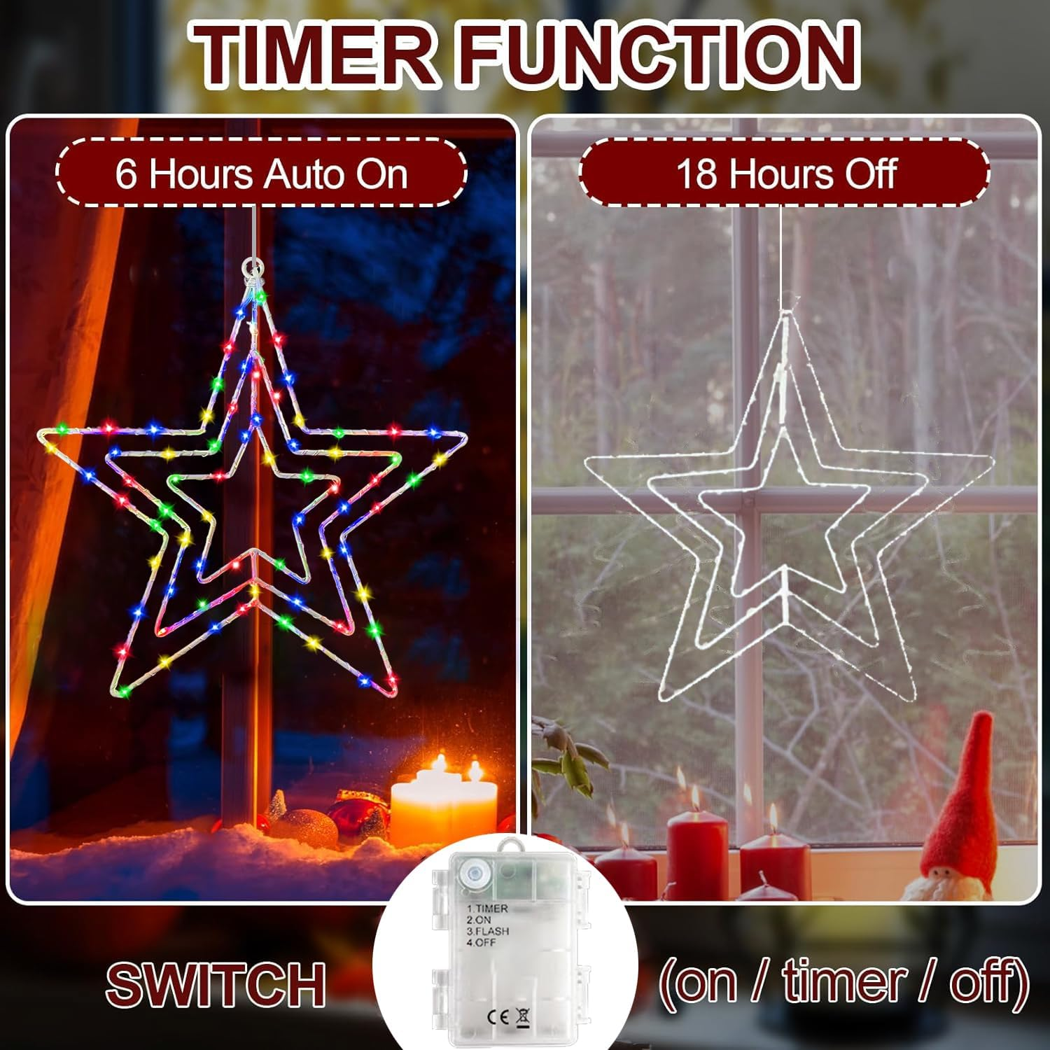 Joysing Christmas Decoration Window Pack of 2 Christmas Star Window Battery Operated with Timer, LED Star Waterproof Christmas Lighting 3-In-1 Luminous Star for Indoor Outdoor Christmas Decoration