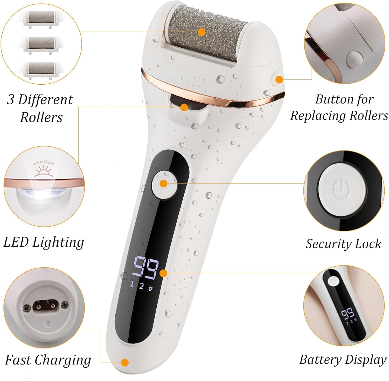 Electric Foot Callus Remover, Professional Electric Feet File Rechargeable Foot Scrubber Pedicure Kit with 3 Roller Heads for Heels and Dead Skin White image number 5