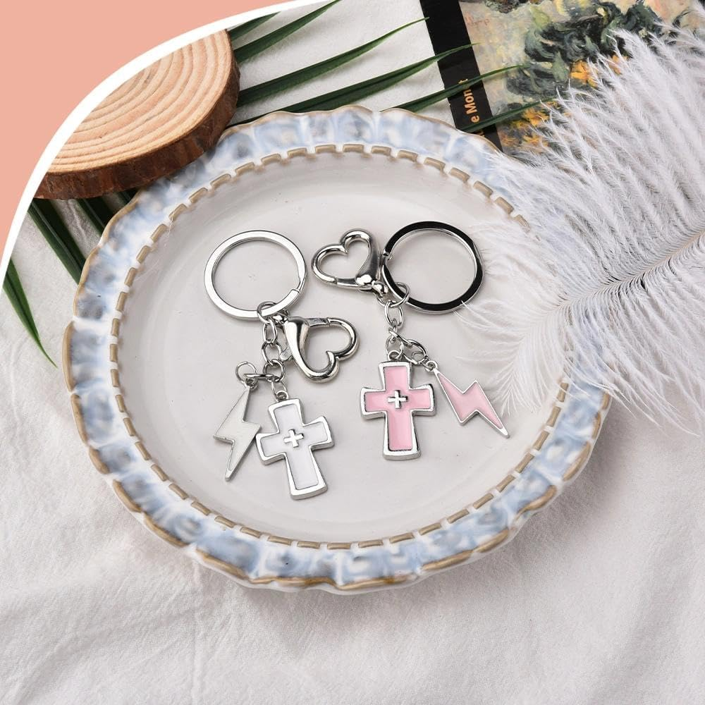 2PCS Y2K Cross Keychain for Women Punk Matching BFF Bag Charm Pink White Cross with Lightning Bolt Charms Car Keys Key Chain for Best Friends Sister Boyfriend Girlfriend image number 4
