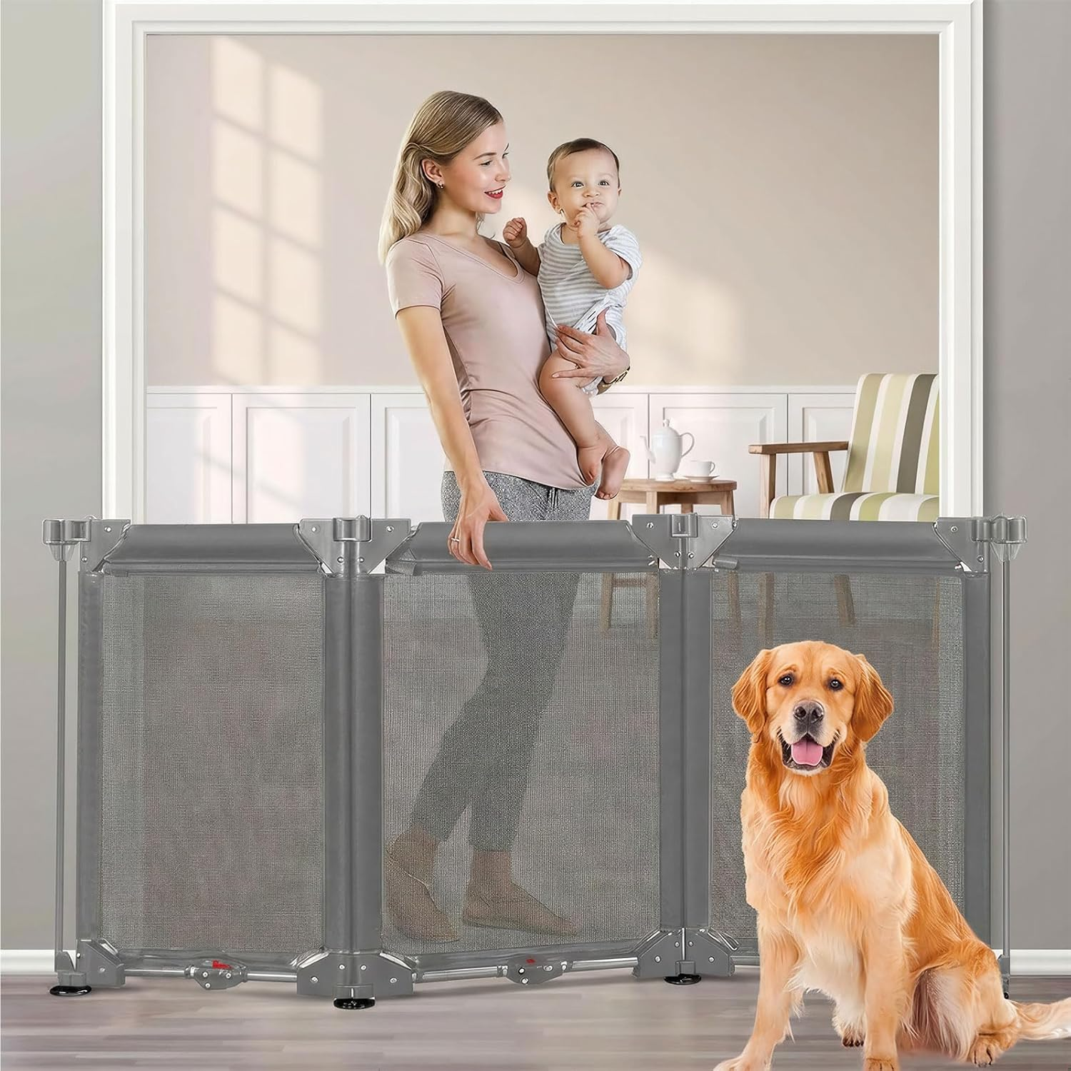 Baby Safety Gate, Extra Wide 3-Panel Foldable Pet Gates for Doorways, Durable Baby Fence Play Yard, Adjustable Safety Gate/Door for Child/Pet, for Kitchen, Stairs, Indoor&Outdoor (Grey, L)