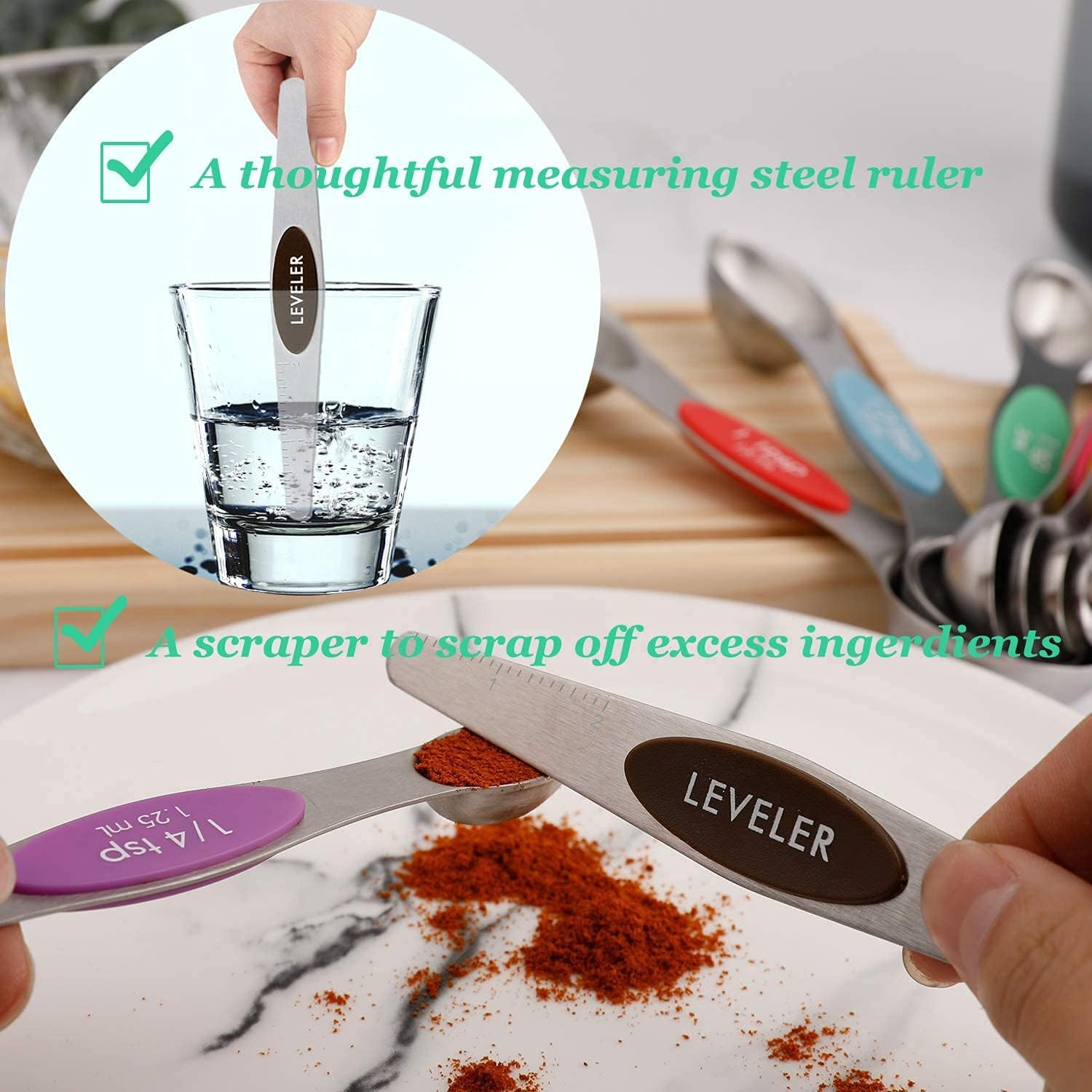 Magnetic Measuring Spoons Set of 8 with Leveler Stainless Steel Stackable Upgraded Colourful Double Sided Teaspoon/Tablespoon/Milliliter Kit for Kitchen Dry/Liquid Ingredients,Fits in Spice Jars