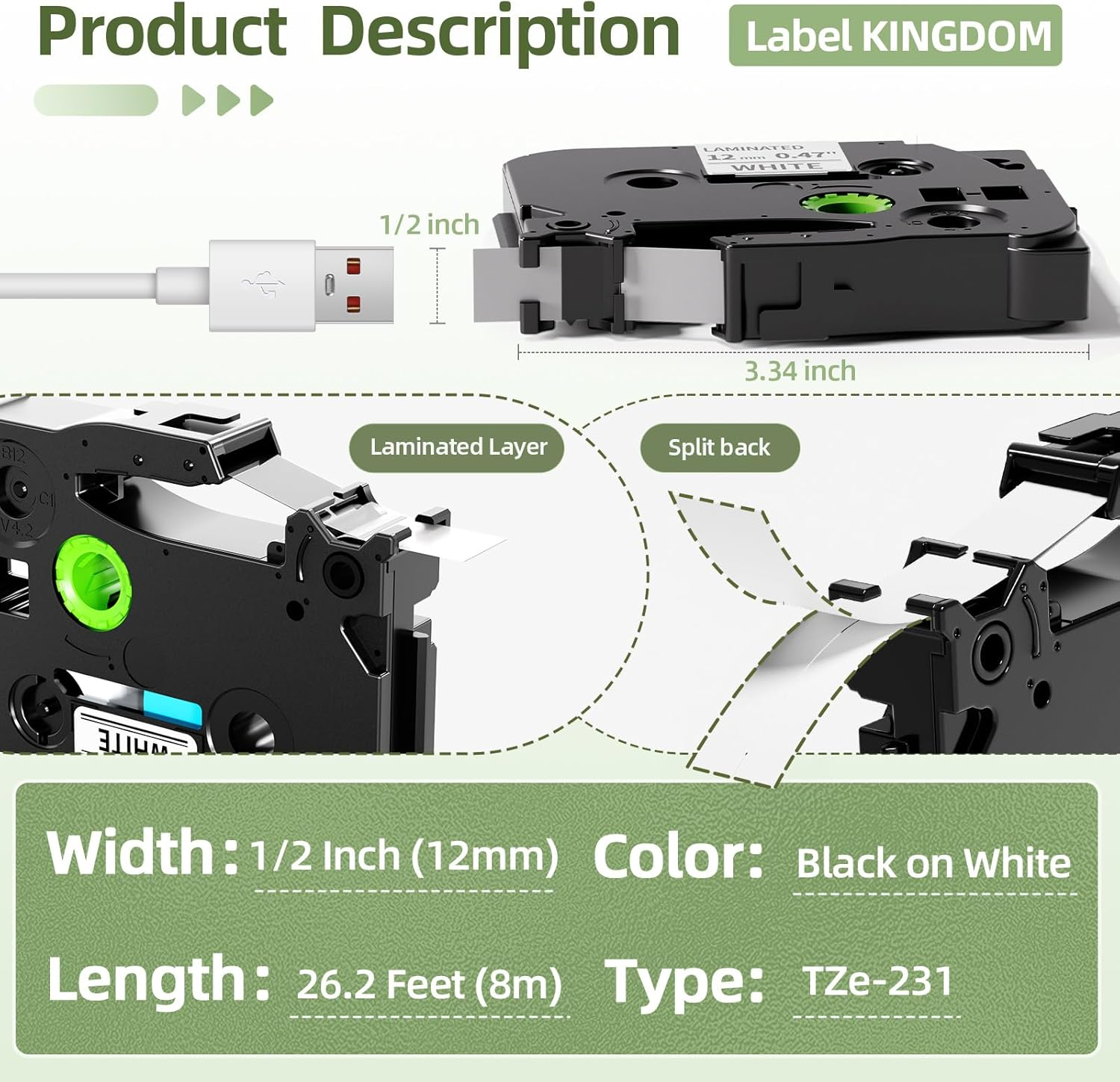 Label KINGDOM 3-Pack Replace P Touch Label Tape Compatible Brother P-Touch Standard Laminated, Black on White, 0.47 Inch (12Mm) X 26.2 Feet (8M), TZ231 Tze231 image number 2