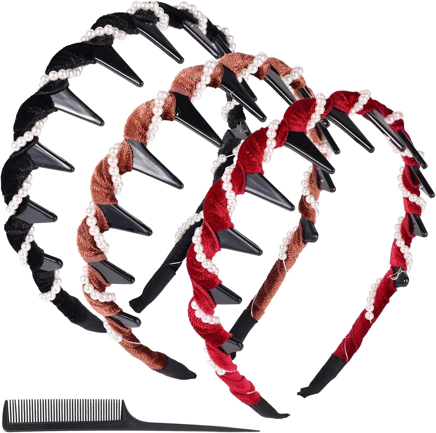 Sinbana 3Pcs Vintage High Cranium Pearl Headbands, with Comb Non-Slip Crown Wave Hairband Hair Accessories for Weddings Parties & Daily Wear (Brown, Red, Black)