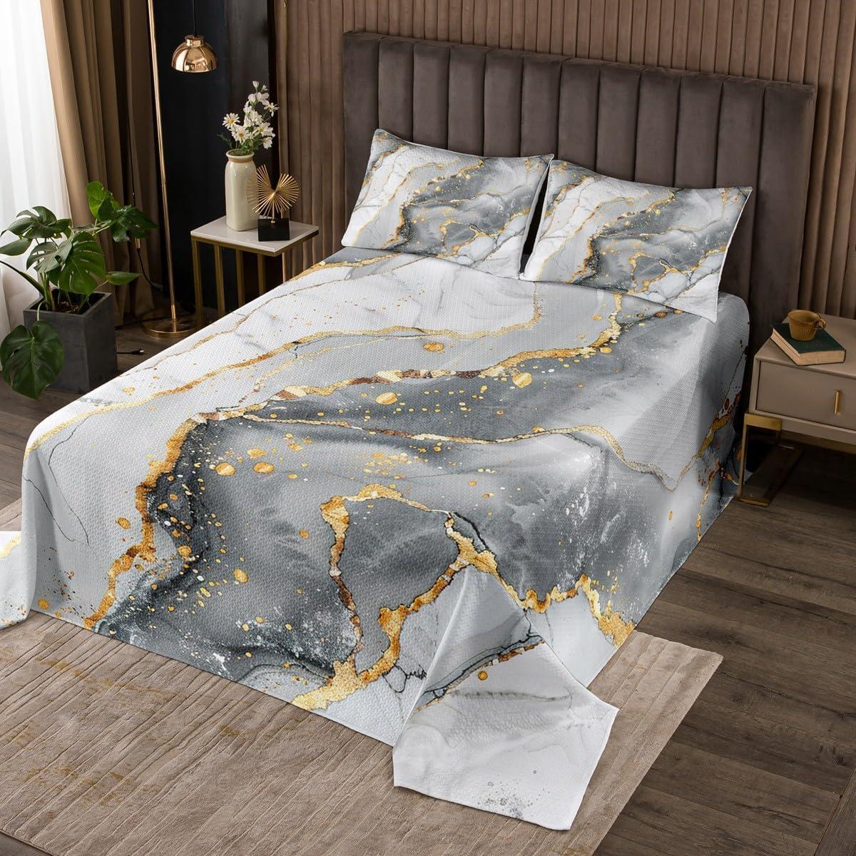 Grey Marble Bedspread 170 X 210 Cm White Grey Gold Glitter Quilted Duvet Abstract Stone Texture Duvet Set of 2 for Children'S Room Decor, Marbled Bed Linen Quilt with 1 Pillowcase