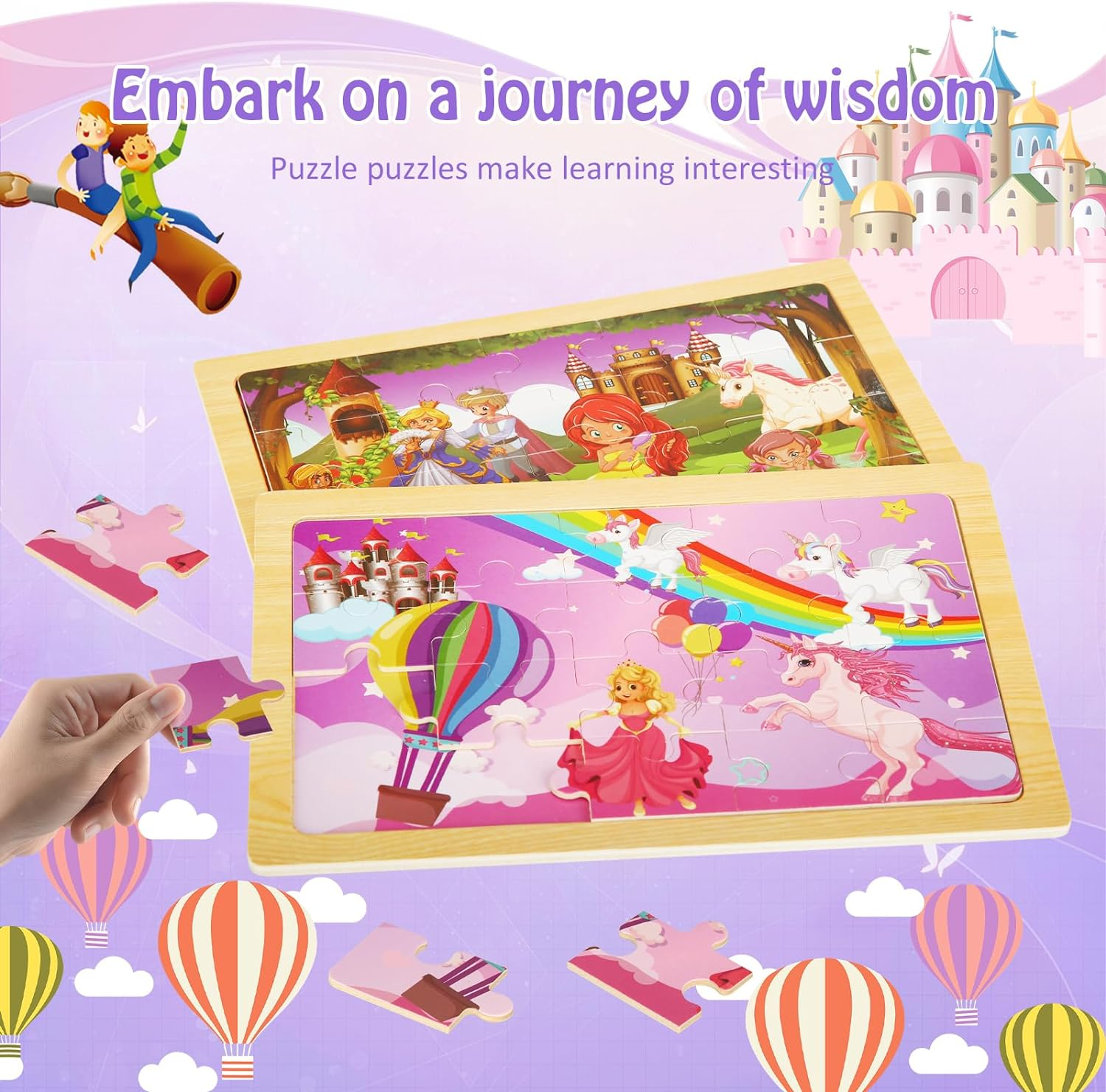 Wooden Puzzles Toys for Kids Ages 3-5, Set of 4 Packs with 20-Piece Unicorn Mermaid Princess Wood Jigsaw Puzzles, Preschool Educational Brain Teaser Toys for Girls 3 4 5 6 Years Old. - Princess image number 5