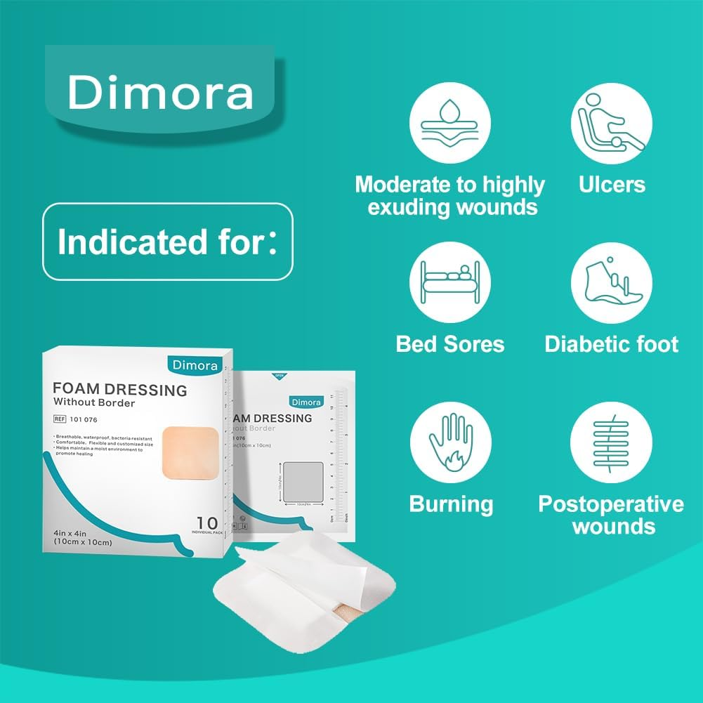 Dimora Foam Dressing, Sterile Non-Adhesive Hydrophilic Pads, Highly Absorbent 4"X4"(10 Cm*10 Cm) Pack of 10 Square Waterproof Dressing for Wound Care image number 4