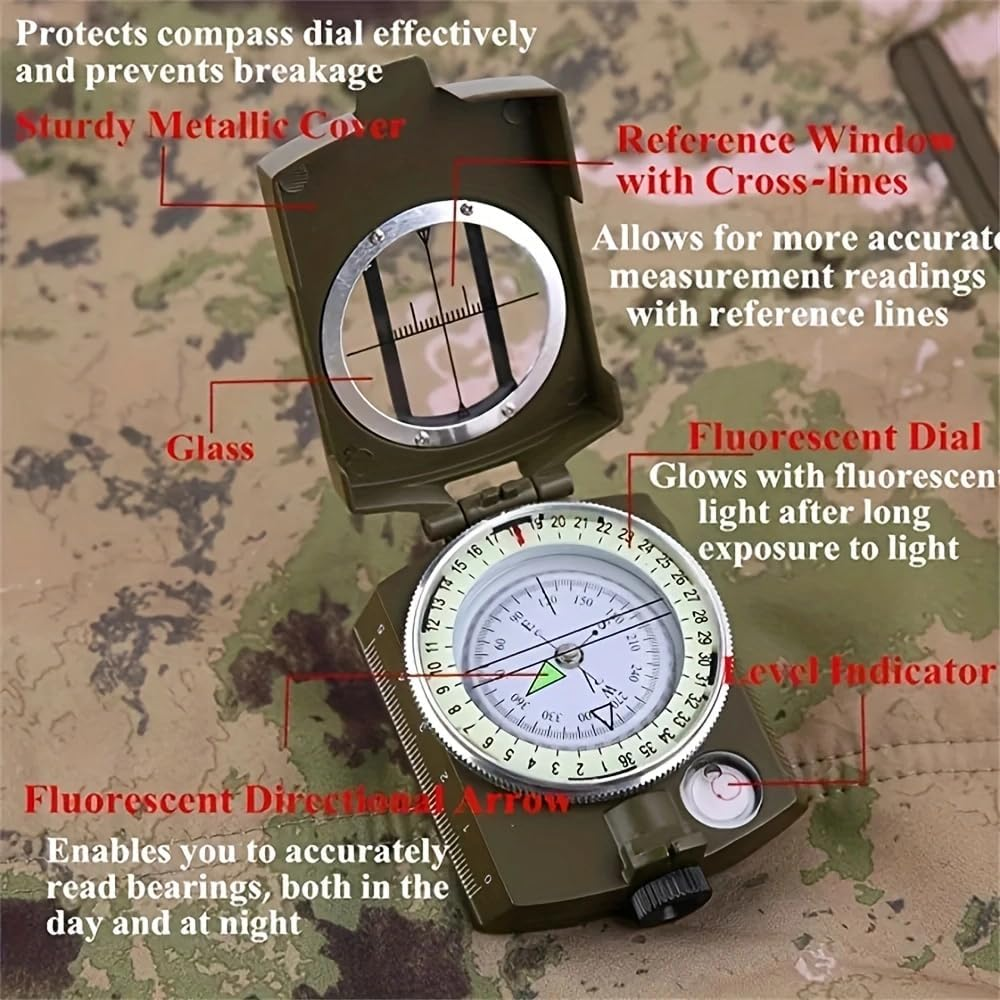 QS165- Evertech Compass Professional Military Lensatic Compass, Hiking Survival, Metal Construction, Luminous Navigation Tool with Carrying Case, 85Mm image number 1