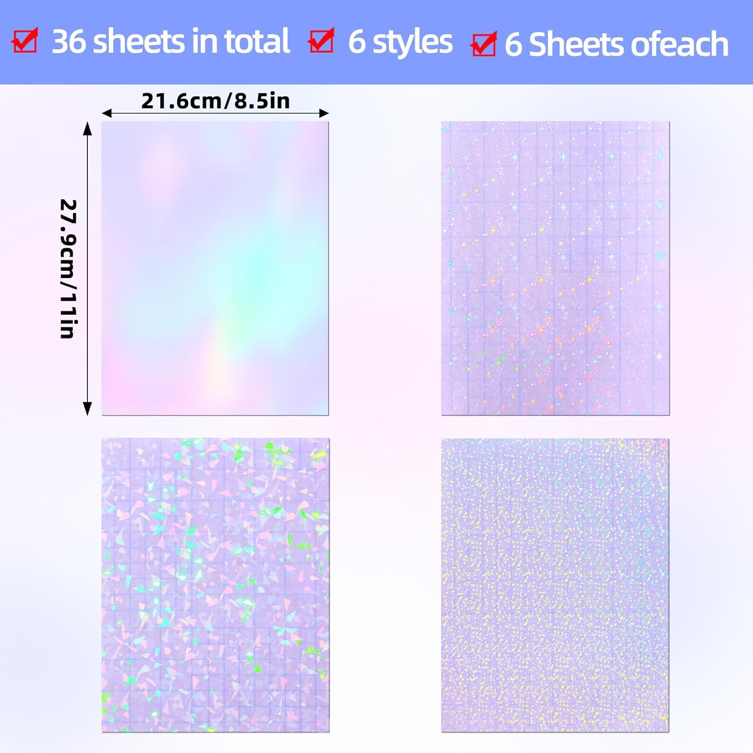 36 Sheets Holographic Sticker Paper, Transparent Holographic Vinyl Laminate Film, Clear Overlay Lamination Sticker Paper Self Adhesive Waterproof - Gem, Dot, Colorful, Star Patterns/8.5X11 Inch image number 2