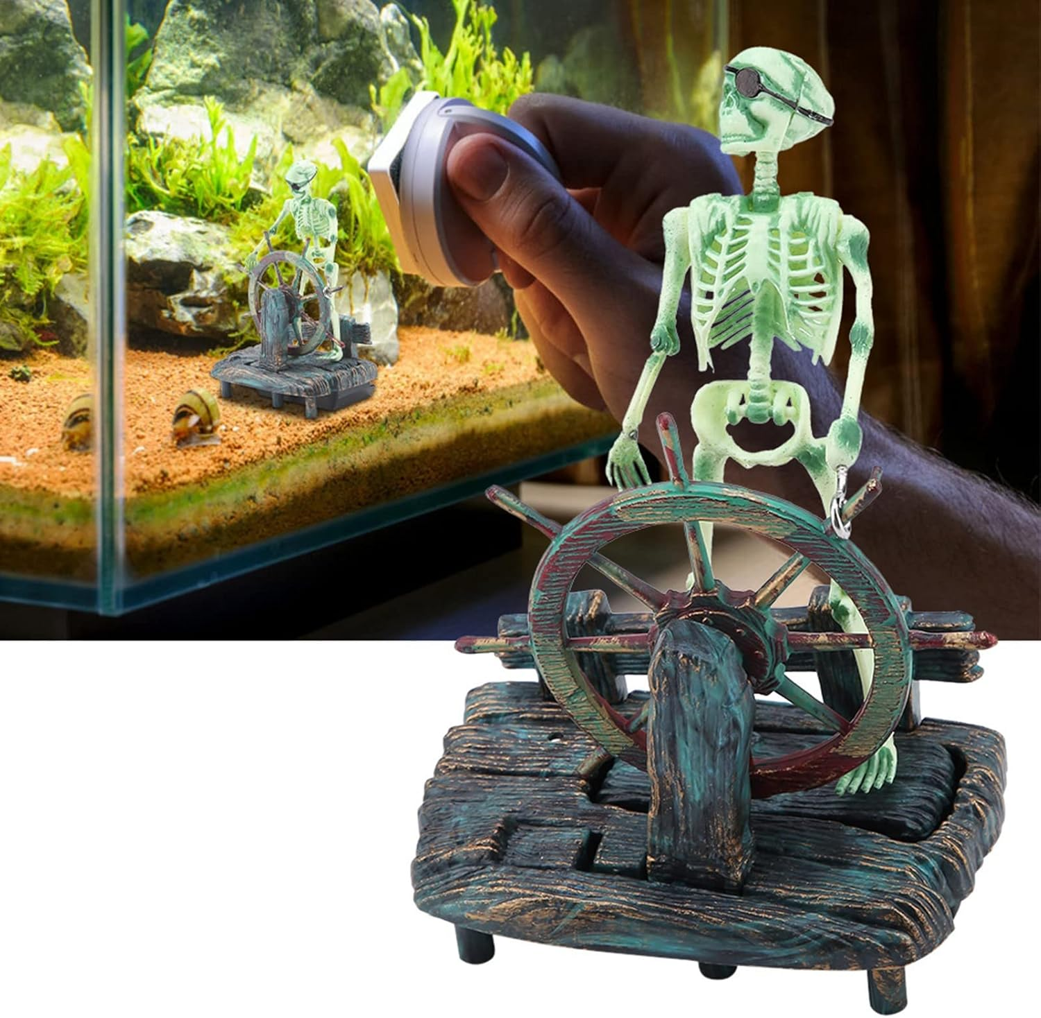 Pirate Captain Skeleton Aquarium Decoration, Vivid Underwater World with Air Action Bubbler for Fish Tank, Landscape Ornament, Ideal Fish Tank Decor image number 4