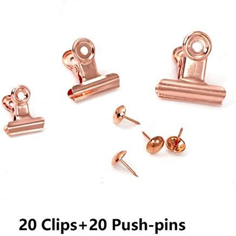 20 Pack Bulldog Clips with Push-Pins for Corkboard,Metal Clips for Crafts, Metal Binder Clips for Pictures, Spring Paper Clamps for Office Documents (Rose Gold,1.2Inch)