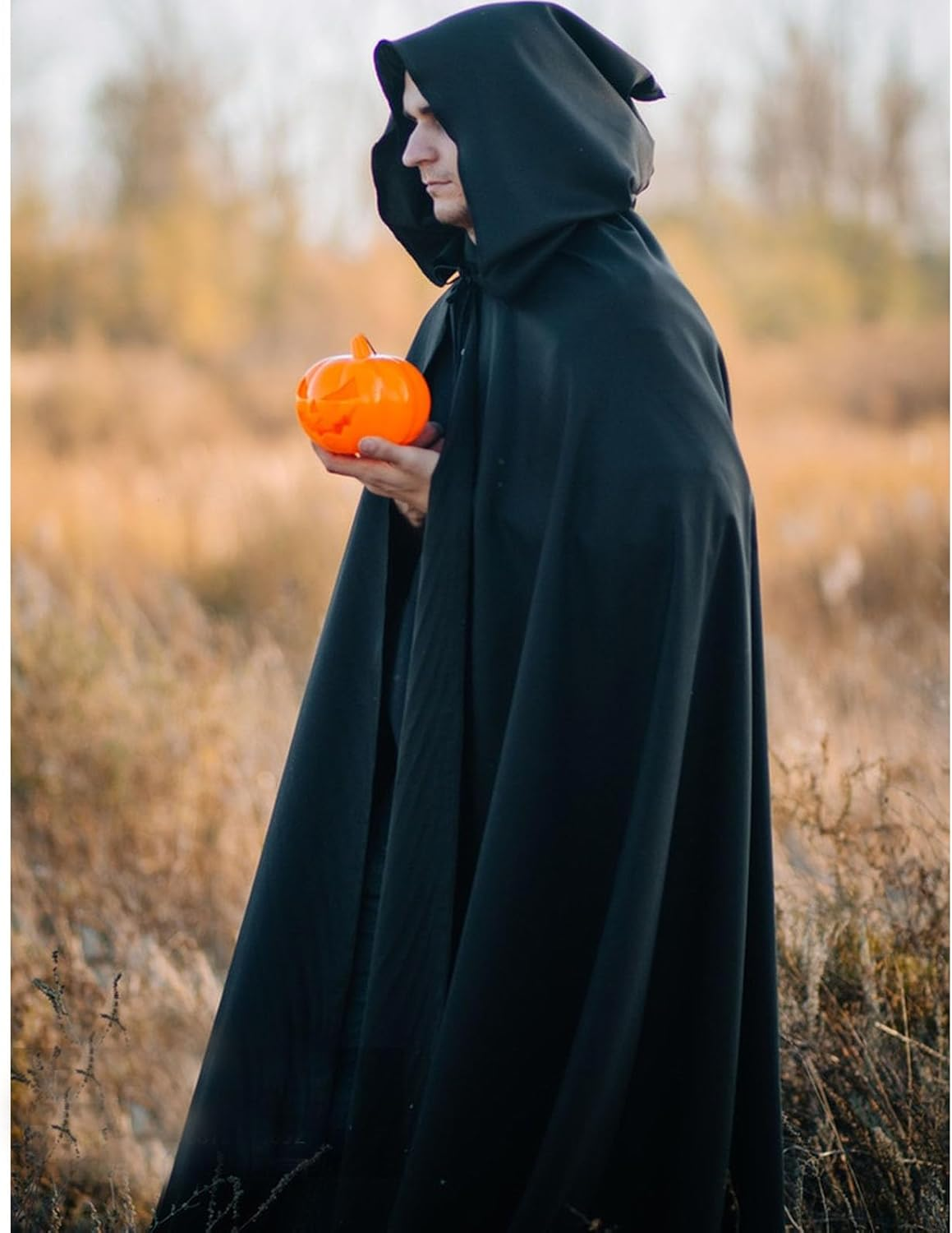 Halloween Velvet Hooded Cloak for Women & Men - Witch Vampire Wizard Cape Costume with Long Hooded Cape - Halloween Cosplay, Renaissance Fair, Medieval Gothic Robe (Black) image number 3