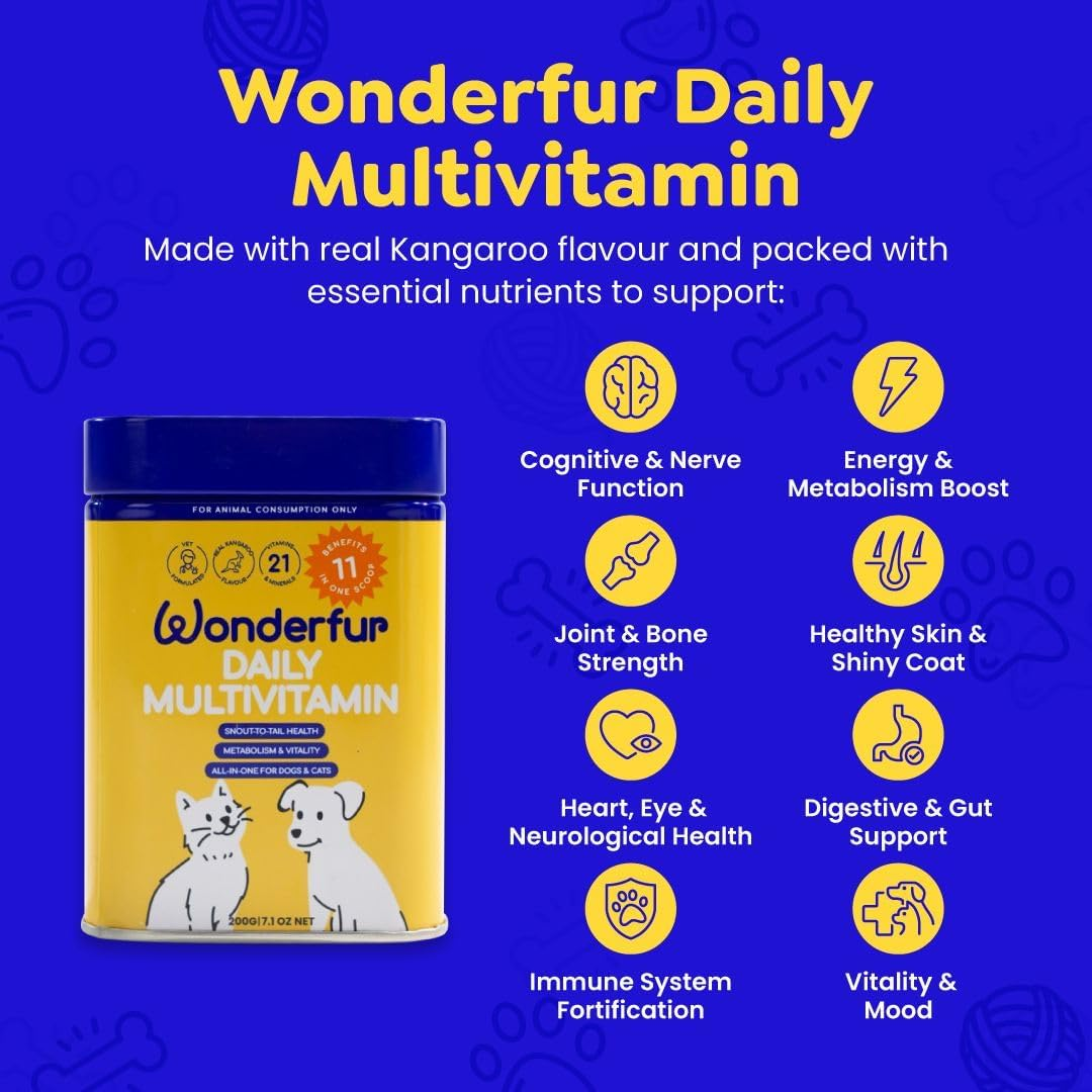 Wonderfur Daily Multivitamin, Supplement for Dogs and Cats 200G, 21+ Essential Nutrients, 11-In-1 Formula &ndash; Supports Skin & Coat, Immune, Energy, Joints & Brain with Dual Calcium Australian Made