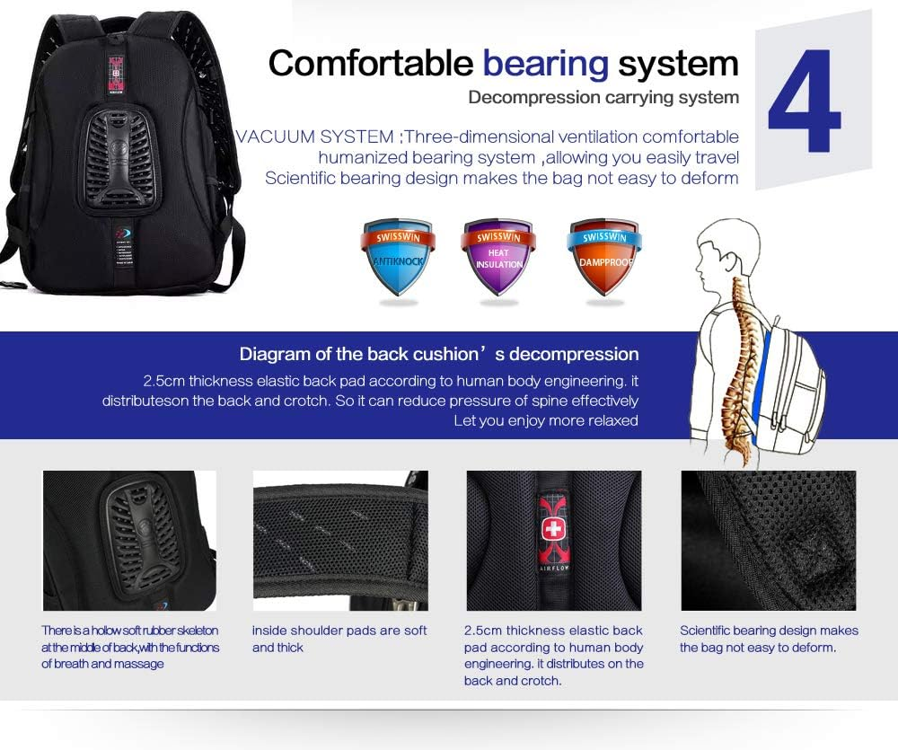 SWISSWIN Swiss Waterproof Business Backpack Travel Backpack College School Backpack Casual Daypack Daily Shoulder Bag SW9031 Black 15 Inch Laptop Notebook Backpack for Men Womens Boys Girls image number 1