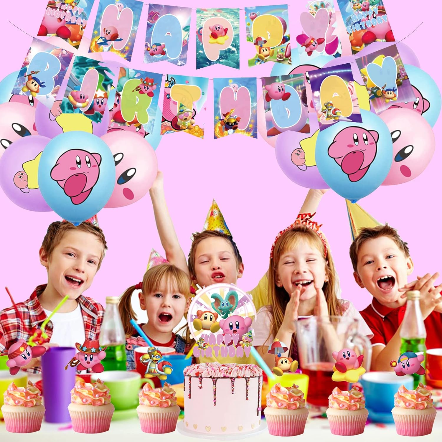 Kirby Children'S Birthday Decoration Pack: Kirby Balloons, Cake Toppers, Garland in Pink image number 3