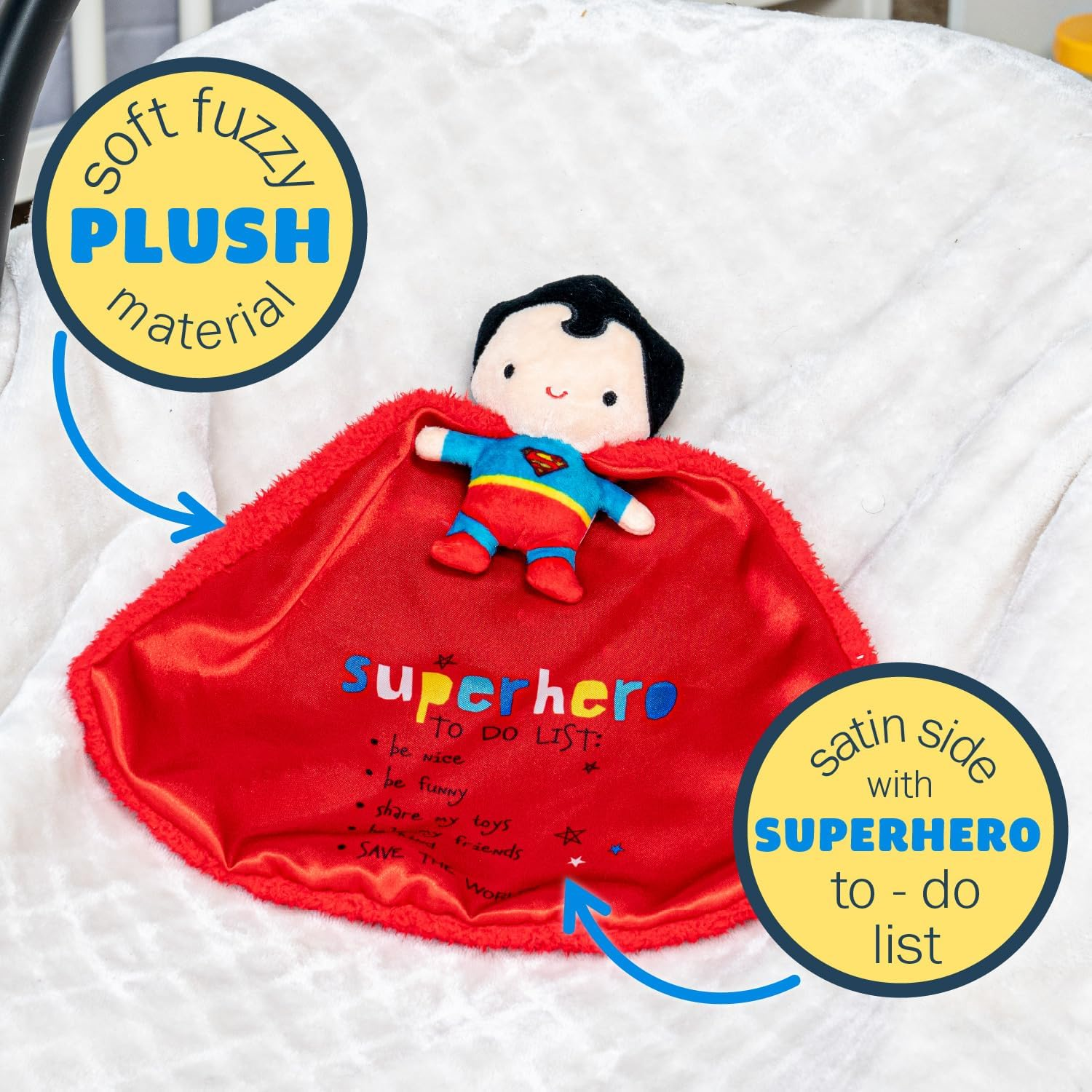 Kids Preferred DC Comics Superman Lovey Security Blanket, Soft Huggable Dark Knight Plush Lovey Toy for Baby and Infant Boys and Girls, Textured Blanket with Satin Super Hero to Do List image number 2