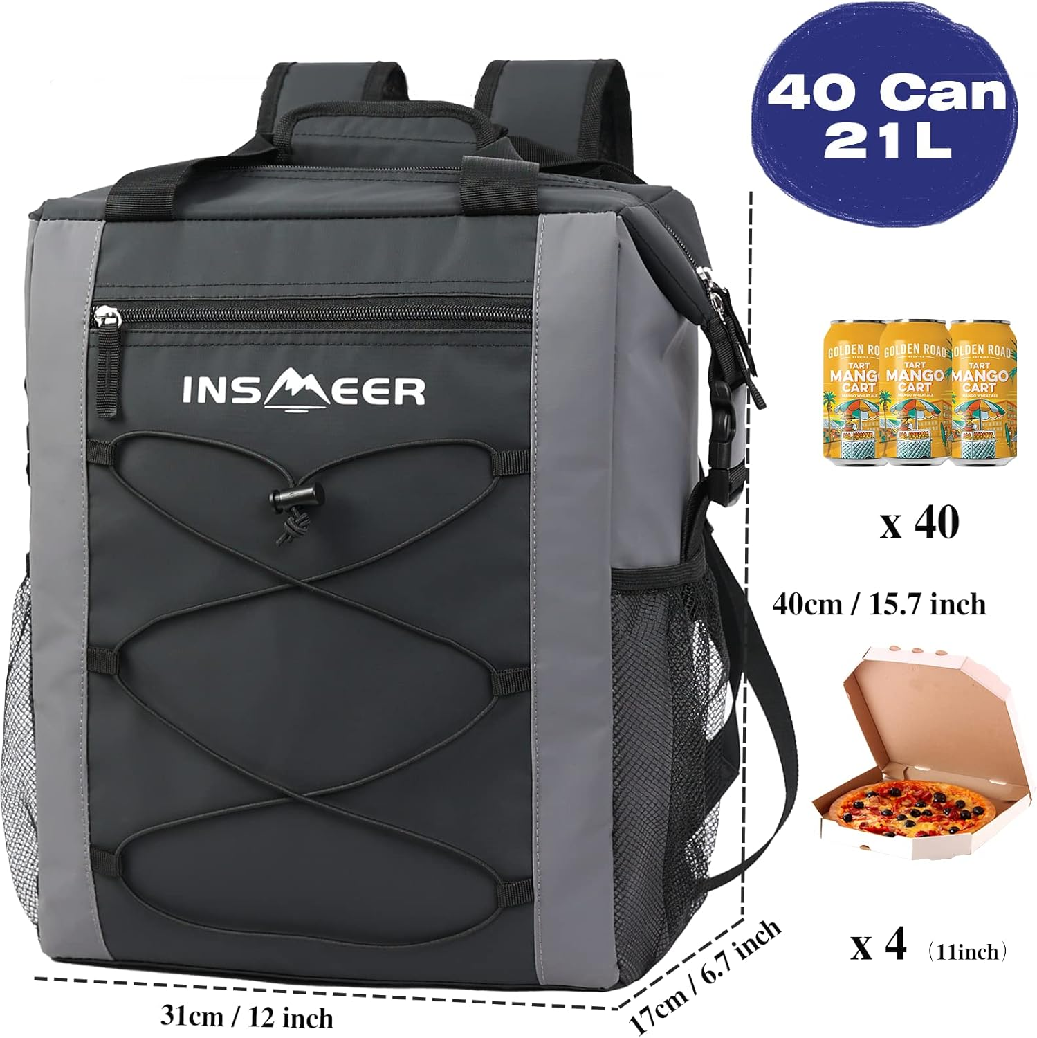 INSMEER Cooler Backpack, 36 Can Leakproof Cooler Bag with 2 Compartments/Bottle Opener/Comfort Shoulder Pad/Elastic Rope for Blanket, 25L Lightweight Soft Backpack Cooler Camping Hiking